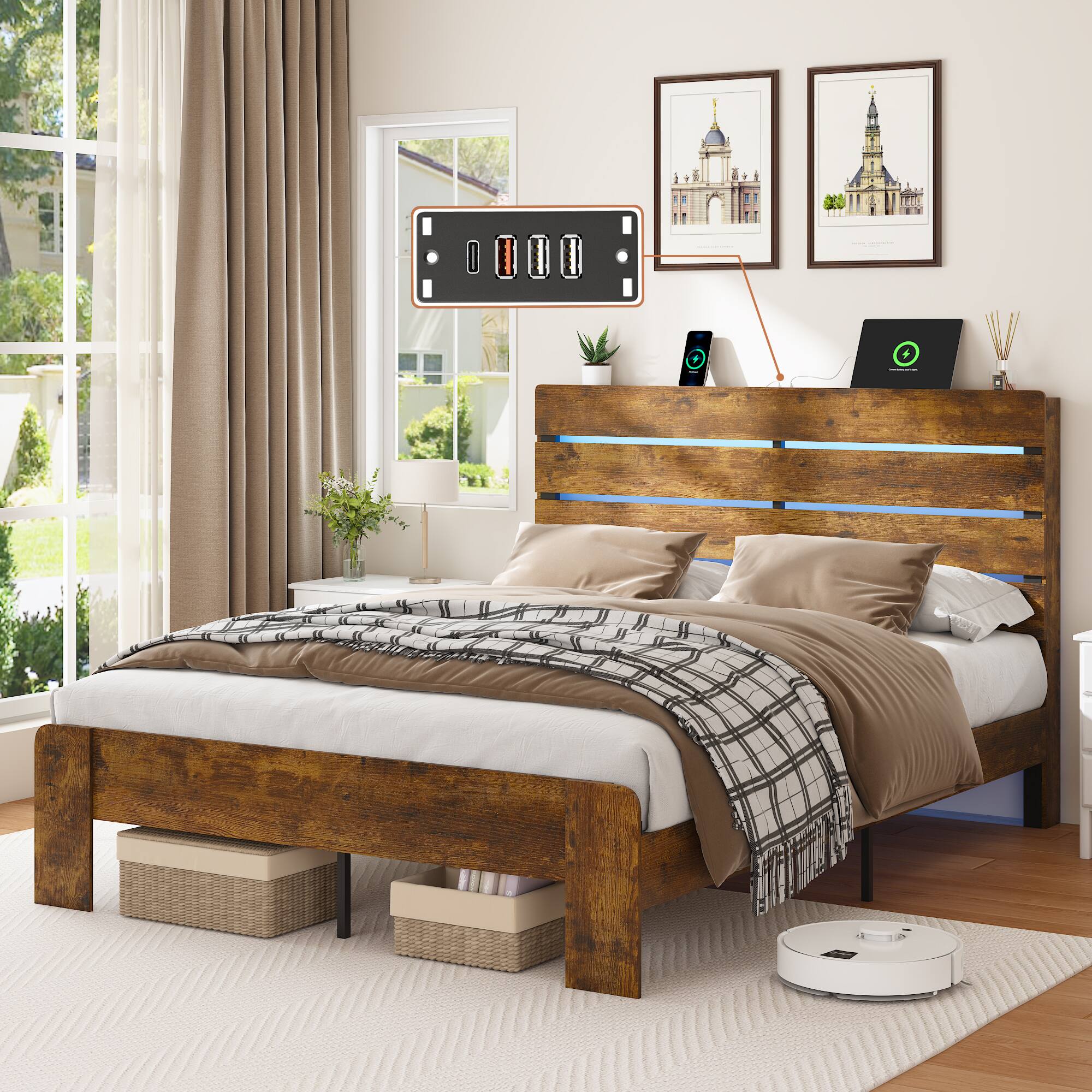 Angle. LUCKY ONE - Full Bed Frame with Under Bed Storage, LED Lights, Charging Station - Antique Natural.