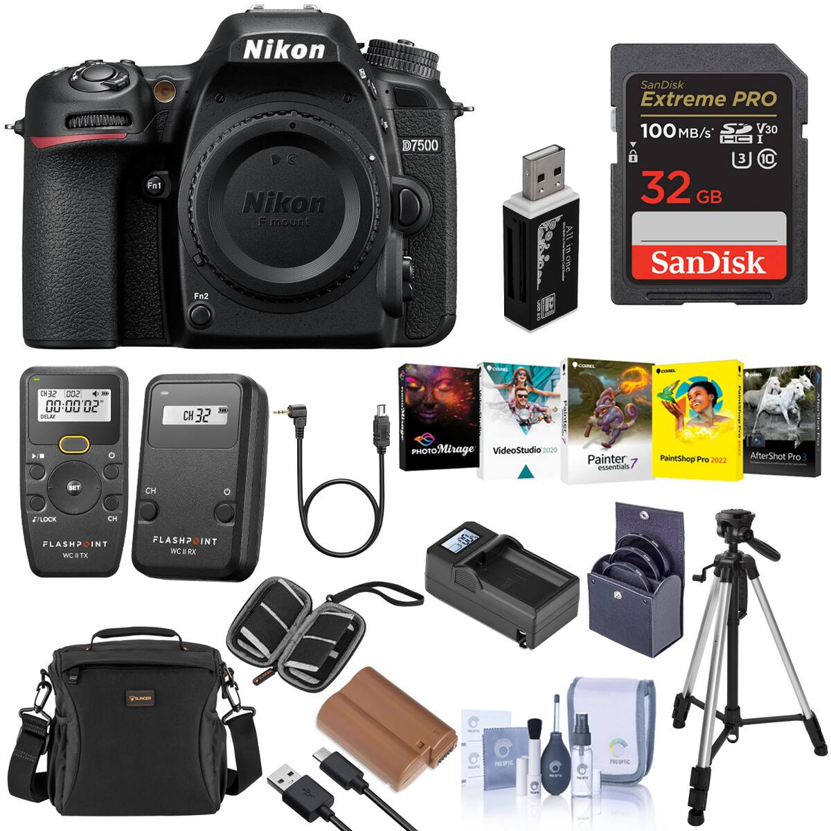 Nikon  
SanDisk Extreme PRO  
Fn1  
Nikon F mount  
D7500  
100MB/s V30 HC I 3 10 32 GB  
SanDisk  
Fn2  
FIGERAL  
COREL  
comes  
32 SOO 'CO'ON.00 DELAY  
32  
XIII  
0  
PHONoMirage VideoStudio 2020  
Painter essentials  
PaintShop Pro 2022  
AfterShot Pro  
SET  
CH  
TLOCK CH FLASHPOINT WC#TX  
FLASHPOINT INT WCII RX  
TCC  
PSUNGER  
-