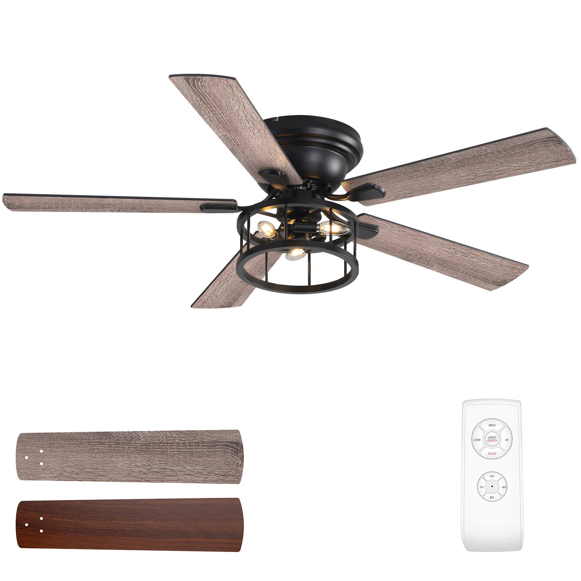 Angle. Breezary - 52-In Indoor Flush Mount Ceiling Fan with Light Kit, 5 Dual-Tone Plywood Blades, Reversible Motor, Remote/Chain Control - Dual Wood Grain + Remote Control.