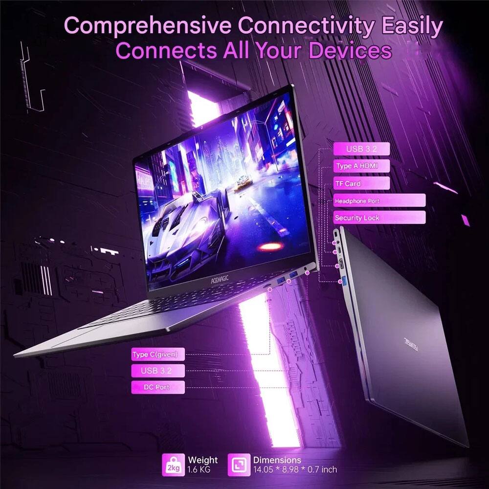 Comprehensive Connectivity Easily Connects All Your Devices

- USB 3.2 Type A
- HDMI
- TF Card
- Headphone Port
- Security Lock

- Type C (given)
- USB 3.2
- DC Port

Weight: 2kg / 1.6 KG

Dimensions: 14.05 * 8.98 * 0.7 inch
