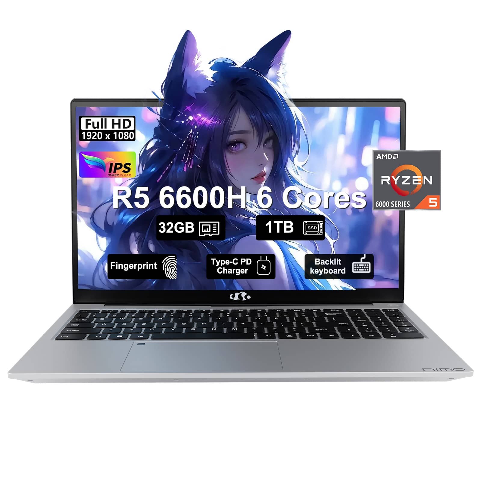 Full HD 1920 x 1080  
AMD2 IPS  
R5 6600H 6 Cores  
32GB  
1TB  
Fingerprint  
Type-C PD Charger  
Backlit keyboard  
6000 SERIES 5