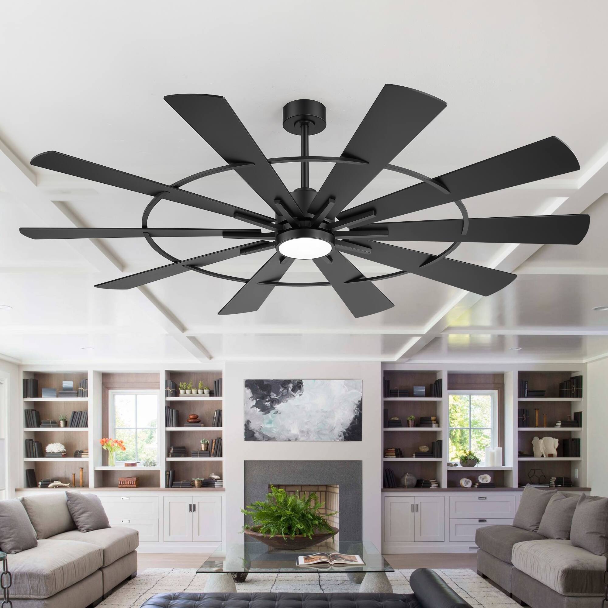 Alt View 8. Breezary - 72-In LED Ceiling Fan with Light, 10 Plywood Blades, 6-Speed DC Motor, Remote, Timer, 3CCT, 6/12-In Downrods - 72-Inch Black.