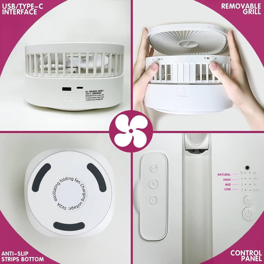 USB/TYPE-C INTERFACE  
REMOVABLE GRILL  

OPEN folding fan oscillating  
Charging 5V2A  

NATURAL HIGH MID LOW  
4h 3h 2h 1h 0.5h  

ANTI-SLIP STRIPS BOTTOM  
CONTROL PANEL