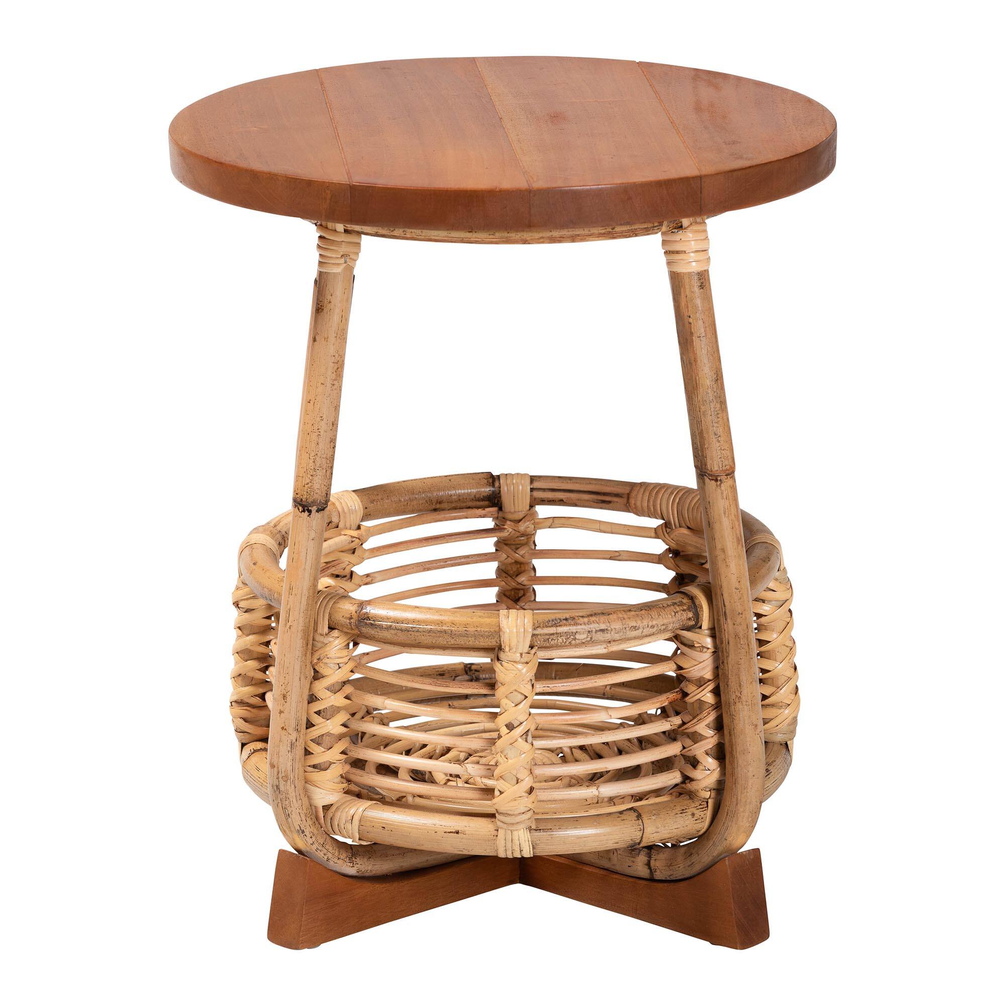 Angle. bali & pari - Derenik Natural Rattan and Mahogany Wood End Table - Accent Side Table with Woven Basket Base, Coastal Style - Natural/Light Brown.