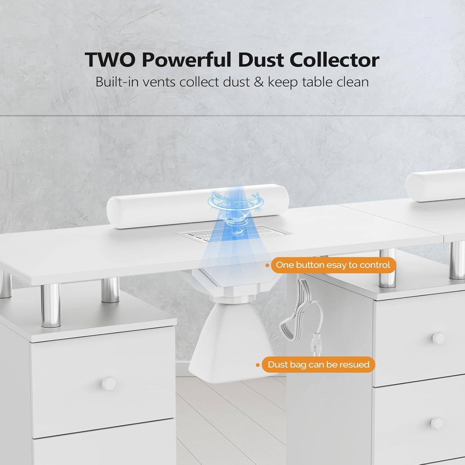 TWO Powerful Dust Collector  
Built-in vents collect dust & keep table clean  

- One button easy to control  
- Dust bag can be reused