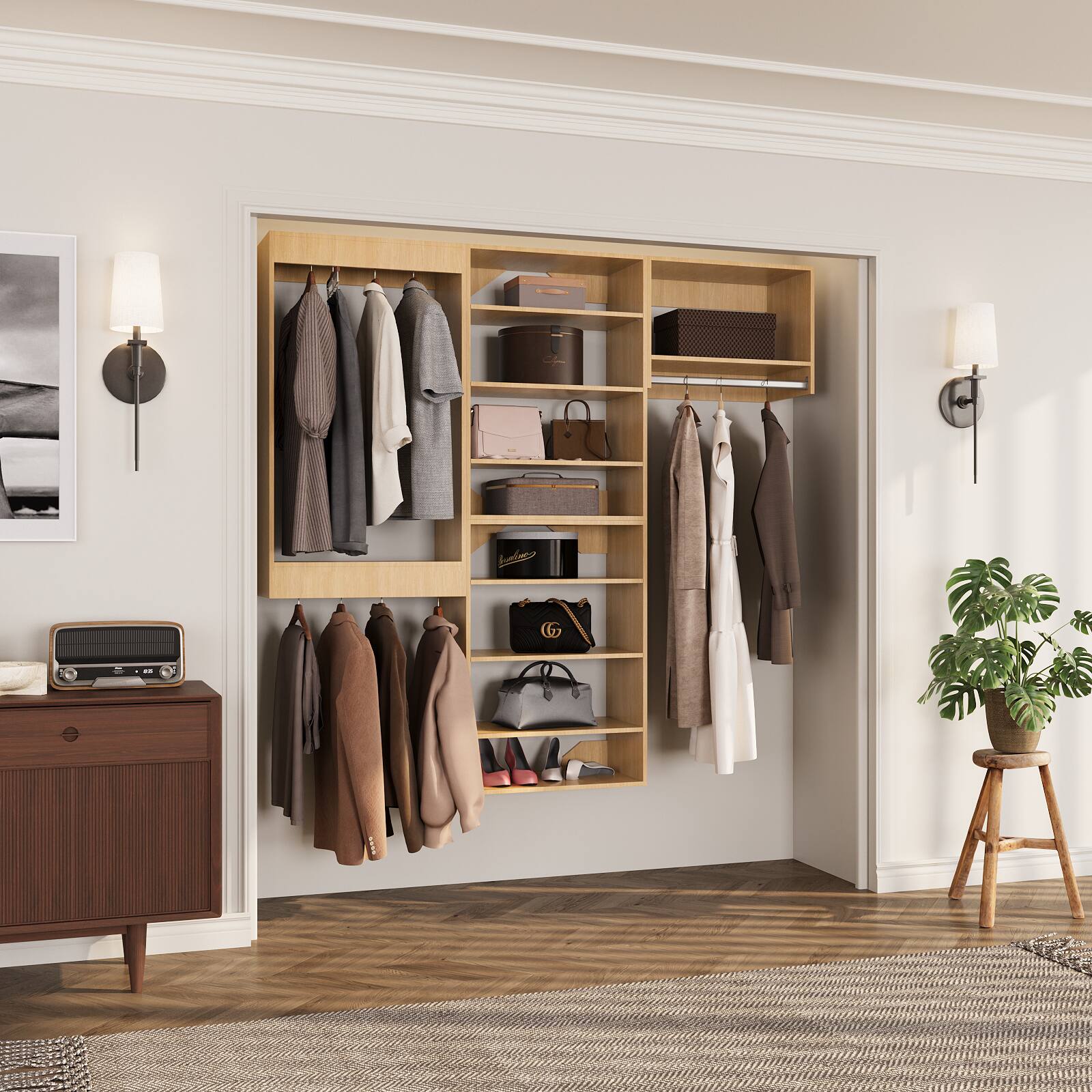 Angle. LOVMOR - LOVMOR 66 in Wood Modular Closet System Unit-Customizable Wall Mounted Walk-In Closets for Bedroom or Walk-in Closet - Wood.