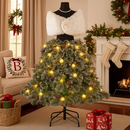 Front. BreeBe - 5FT Artificial Mannequin Christmas Tree – Pre-Lit Hinged Dress Form with Branch Tips - Green.