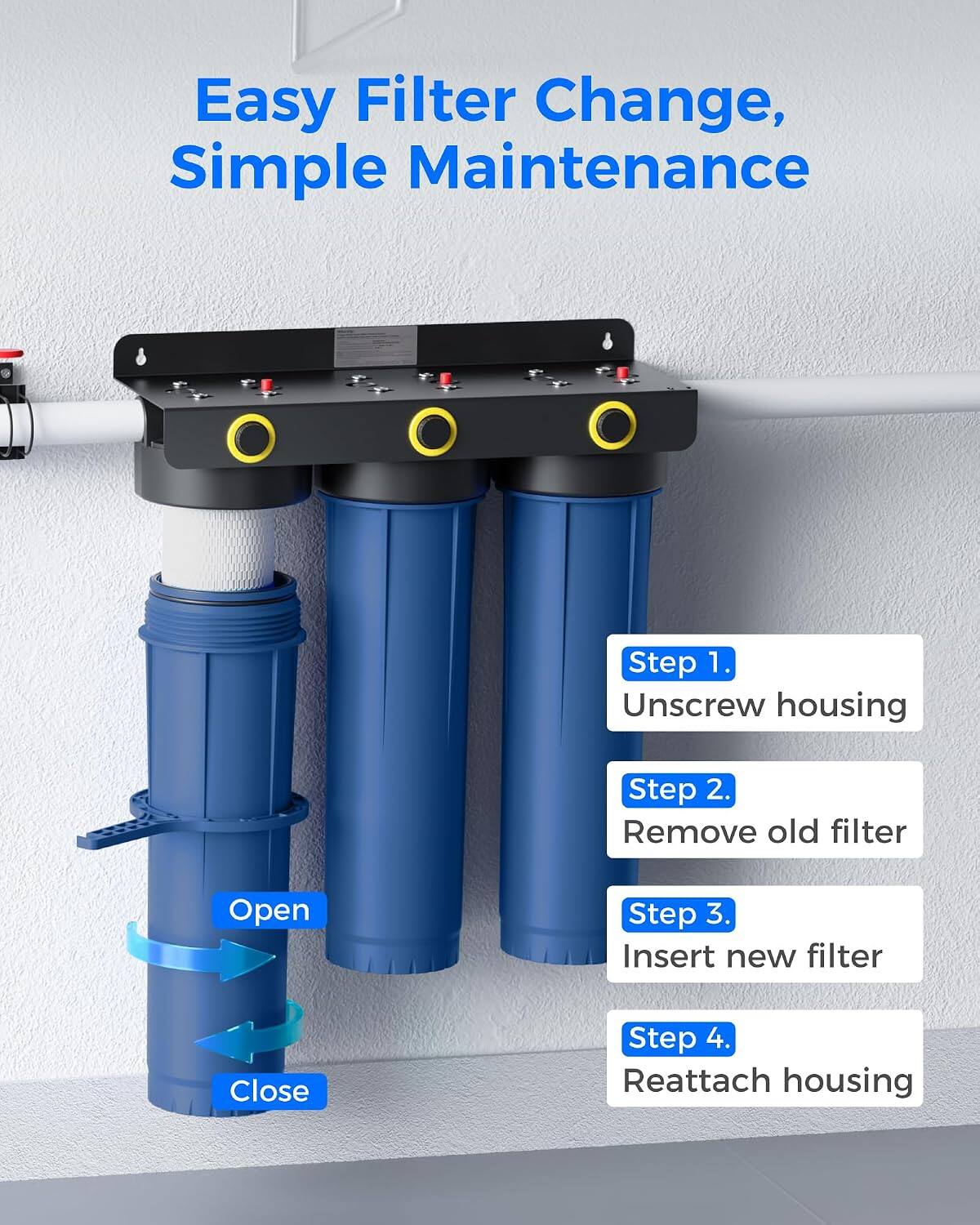 Easy Filter Change, Simple Maintenance

Step 1. Unscrew housing
Step 2. Remove old filter
Step 3. Insert new filter
Step 4. Reattach housing
