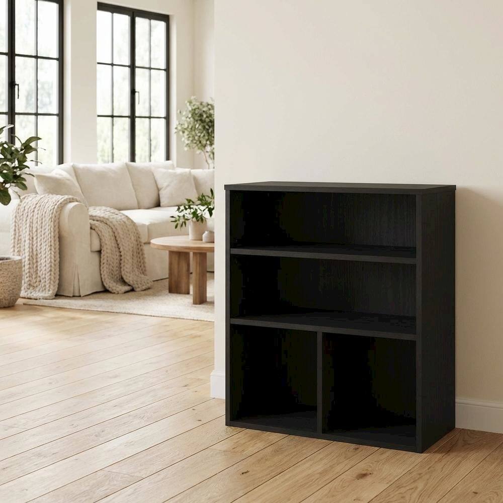 Left. FurniFact - Black 3-Tier Display Bookcase with Wooden Shelves for Living Room or Office - Black Oak.