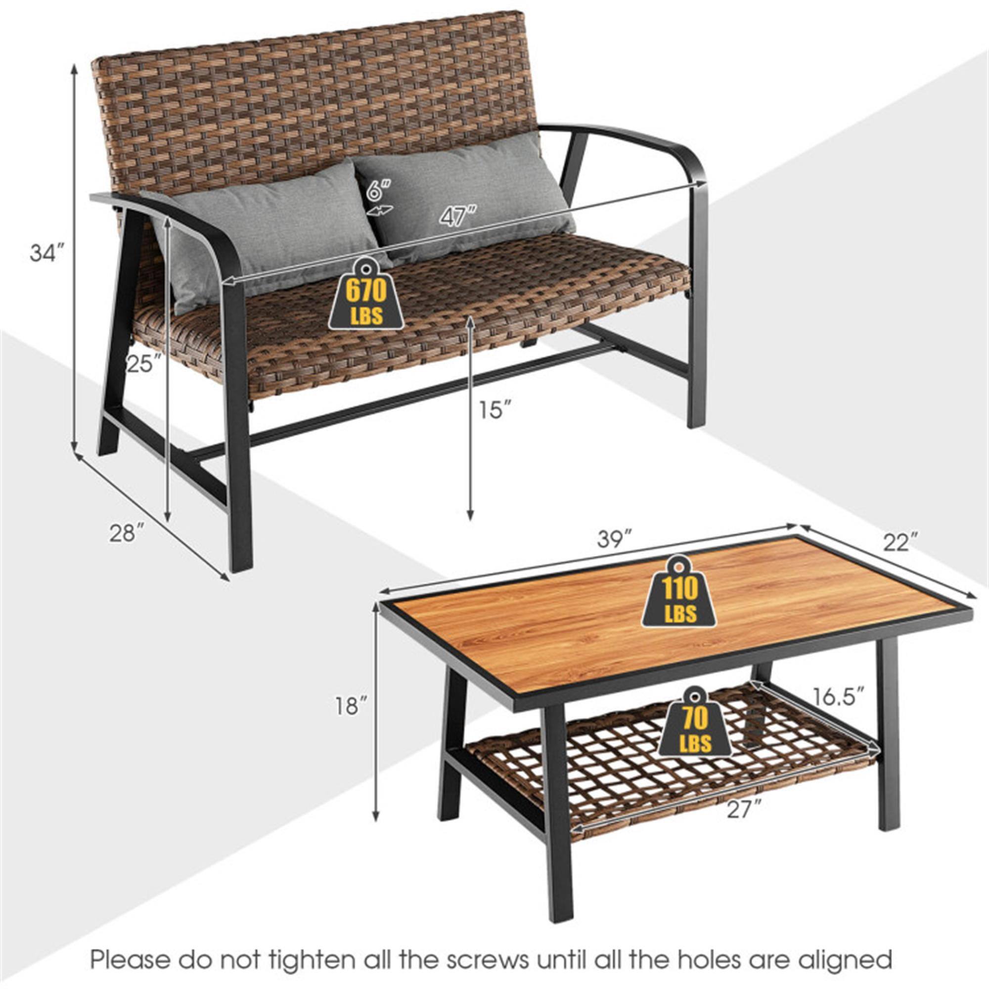 34" 6" 47" 25" 15" 28" 39" 22" 110 LBS 18" 70 LBS 16.5" 27"  
Please do not tighten all the screws until all the holes are aligned