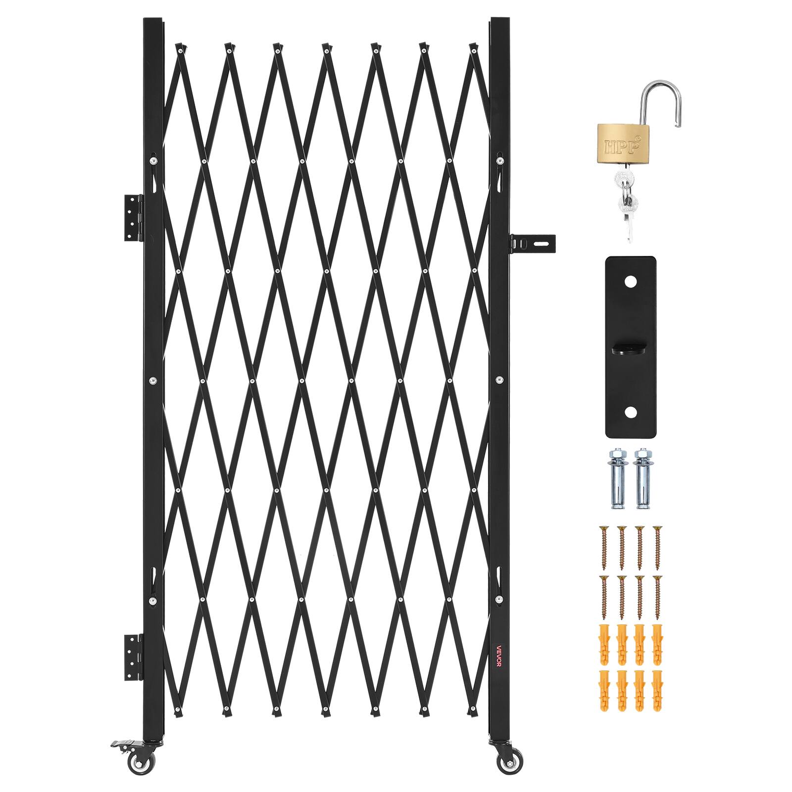 Alt View 5. VEVOR - Single Folding Security Gate, Lockable Scissor Gate with 360° Swivel Casters, Outdoor Barricade Steel Retractable Gates - Black.