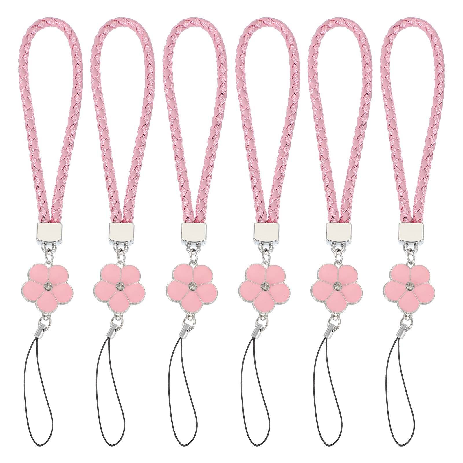 Unique Bargains - 6pcs Creative Braided Flower Phone Charm Wrist Lanyard for Case Camera Keychain Hand String - Pink