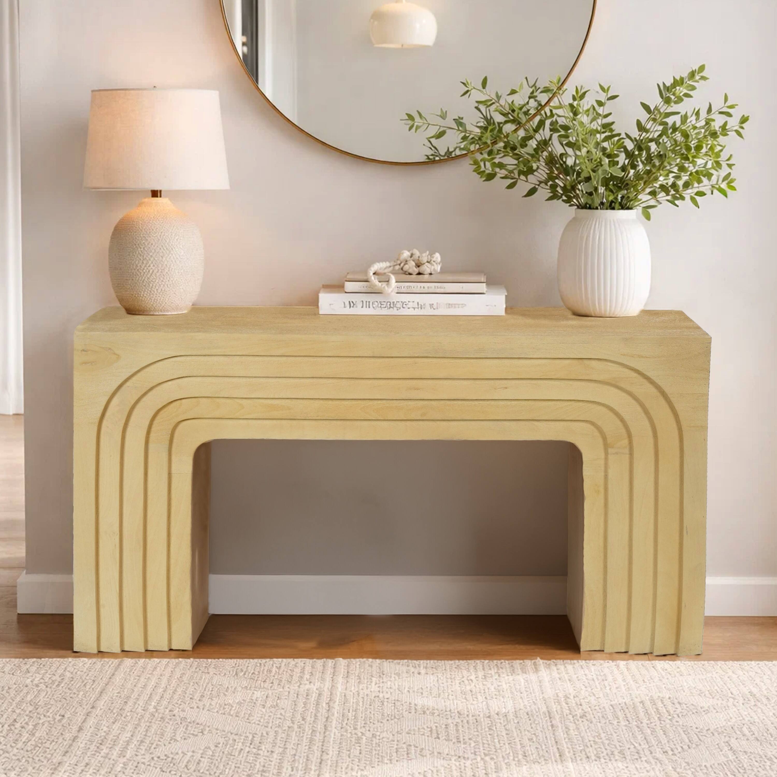 Alt View 8. Manhattan Lane - Kesna Console Sofa Table, 53 Inch Sculpted Arch, Light Beige Mango Wood - Beige.