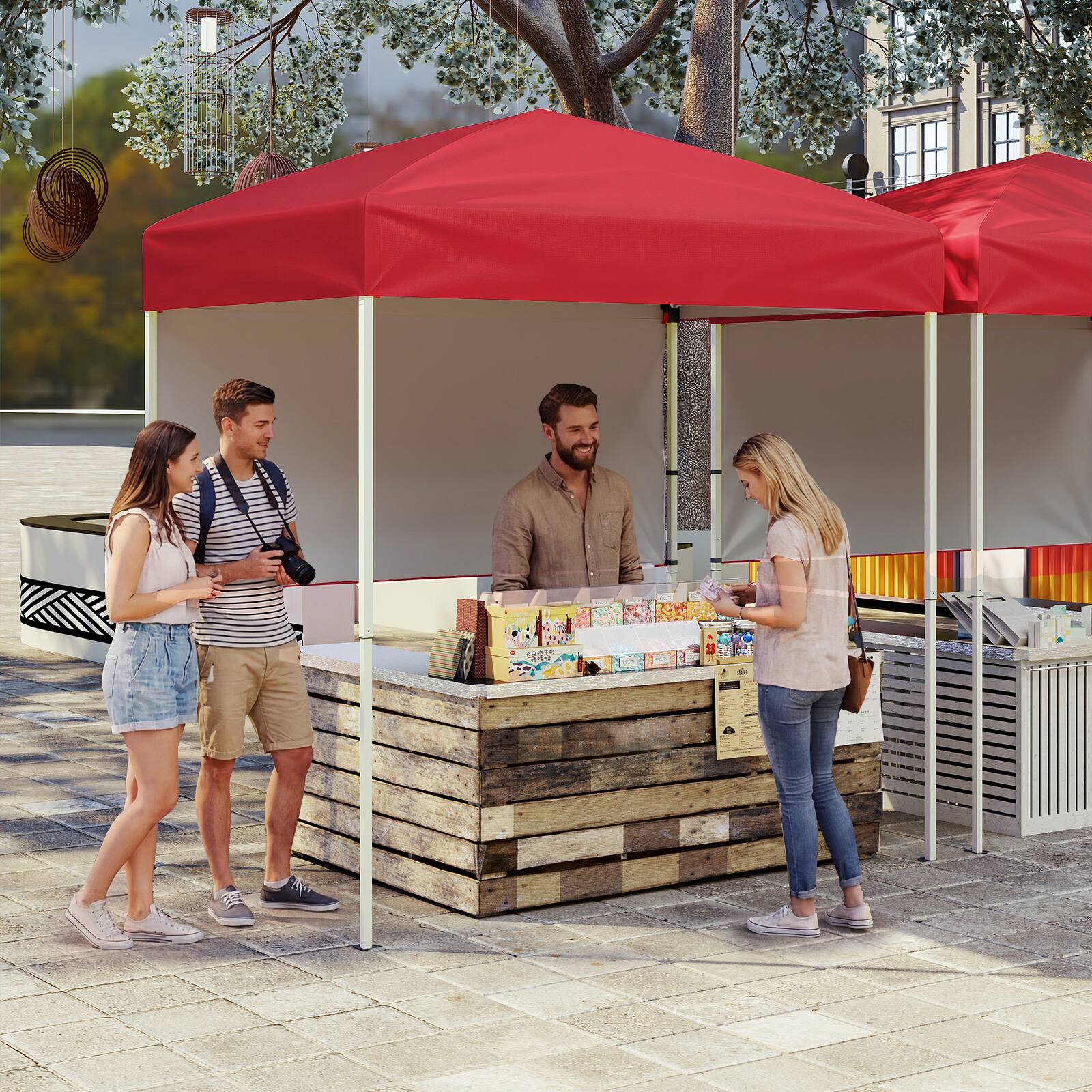 Alt View 4. Costway - Costway 6 x 4 FT Pop-Up Canopy Tent with 1 Half Sidewall, Silver-coated Canopy, Carry Bag - Red.