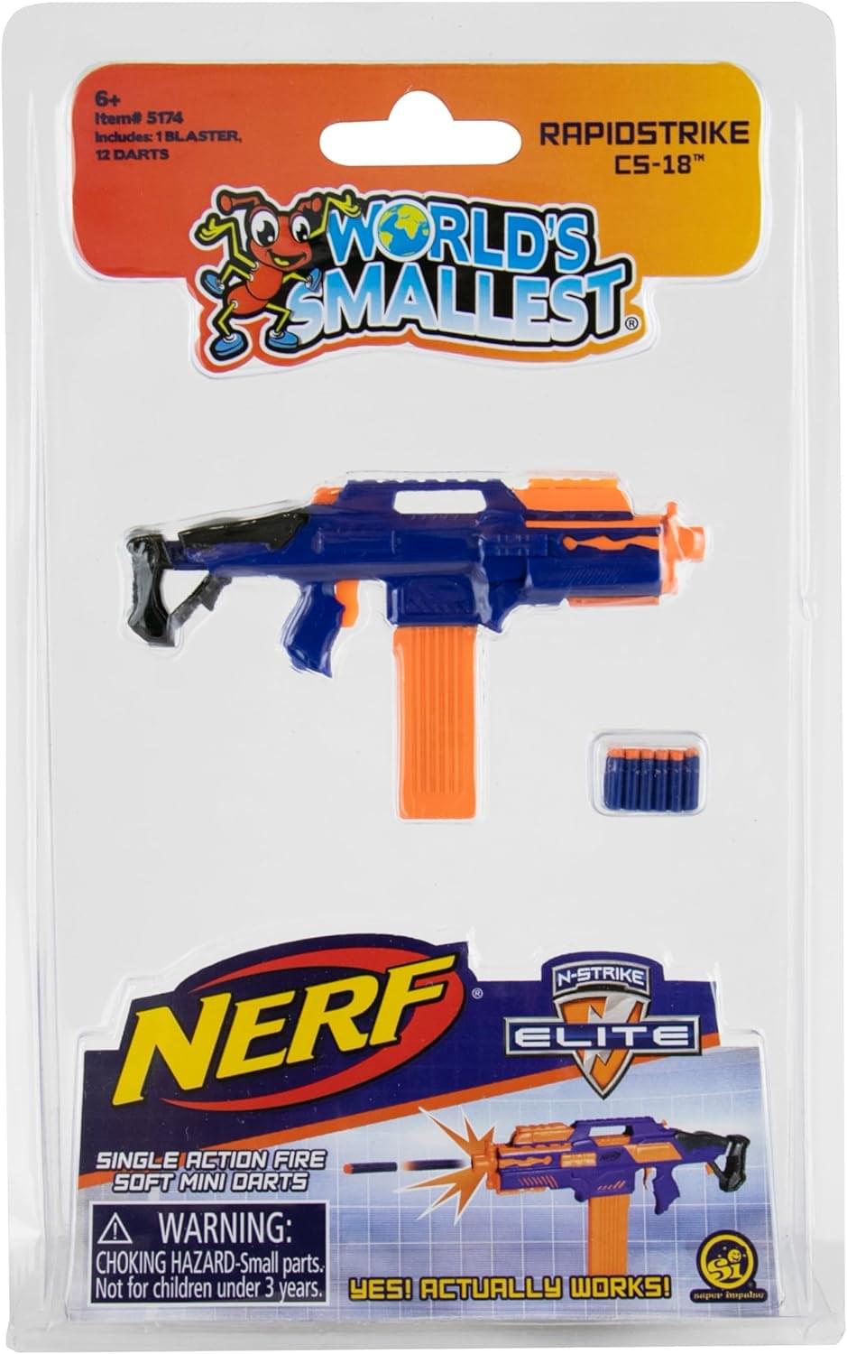 6+ Item# 5174  
Includes: 1 BLASTER, 12 DARTS  
RAPIDSTRIKE CS-18™  
WORLD'S SMALLEST  
NERF ELITE V  
SINGLE ACTION FIRE SOFT MINI DARTS  
WARNING: CHOKING HAZARD - Small parts. Not for children under 3 years.  
YES! ACTUALLY WORKS!