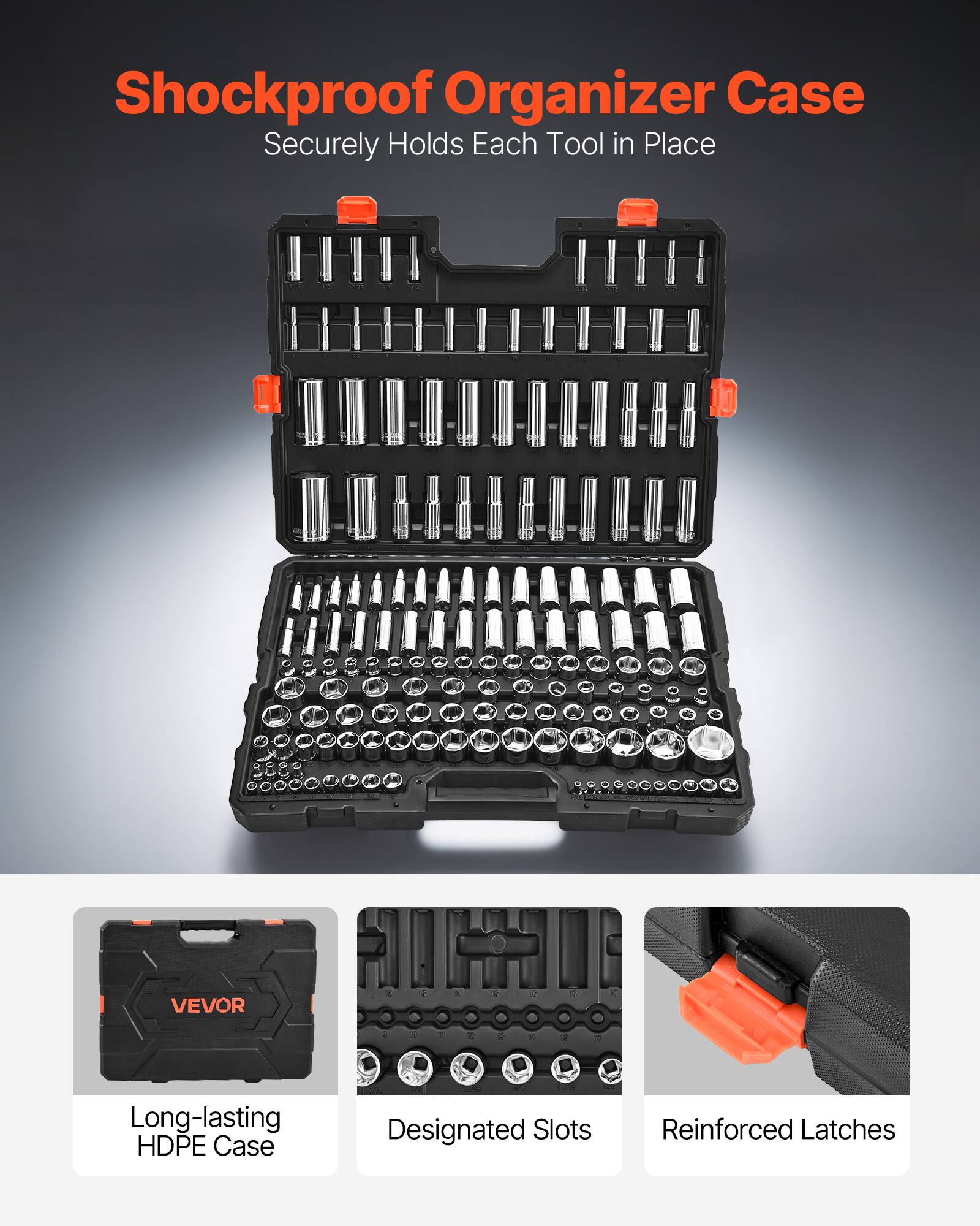 Shockproof Organizer Case  
Securely Holds Each Tool in Place  

VEVOR  
Long-lasting HDPE Case  
Designated Slots  
Reinforced Latches