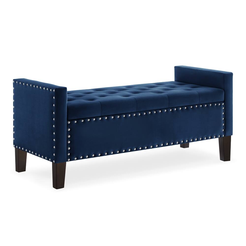 Alt View 1. Ropilly - Ropilly Upholstered Tufted Storage Bench with Armrests, Navy Velvet Entryway Bed Bench with Nailhead Trim, 48 Inch - Navy.