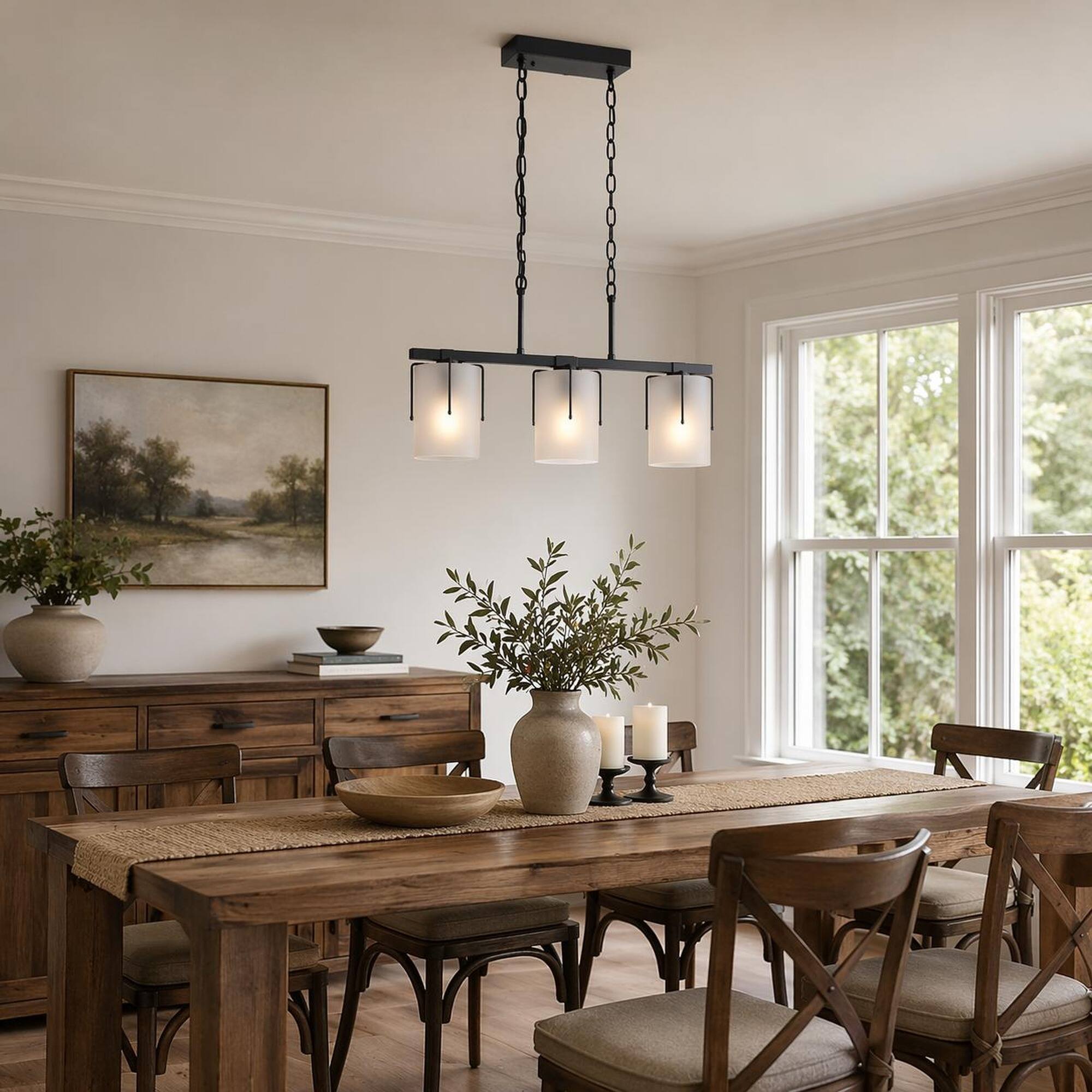 Left. RYHNUYNE - Modern 3‑Light Linear Chandelier, Kitchen Island Light Fixture for Kitchen Island, Dining Table - Black.