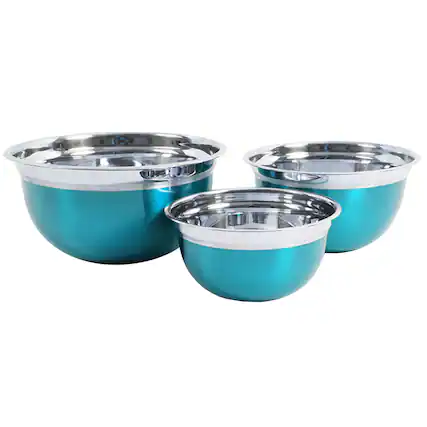 Front. Oster - Oster Rosamond 3 Piece Stainless Steel Round Mixing Bowls in Turquoise.