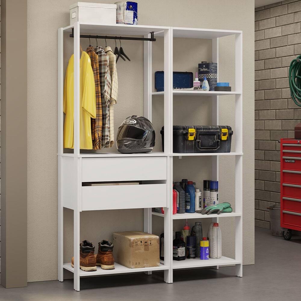 Madesa - Garage Storage Rack with 2 Drawers, 7 Shelves and Hanging Space 51"L - White - White