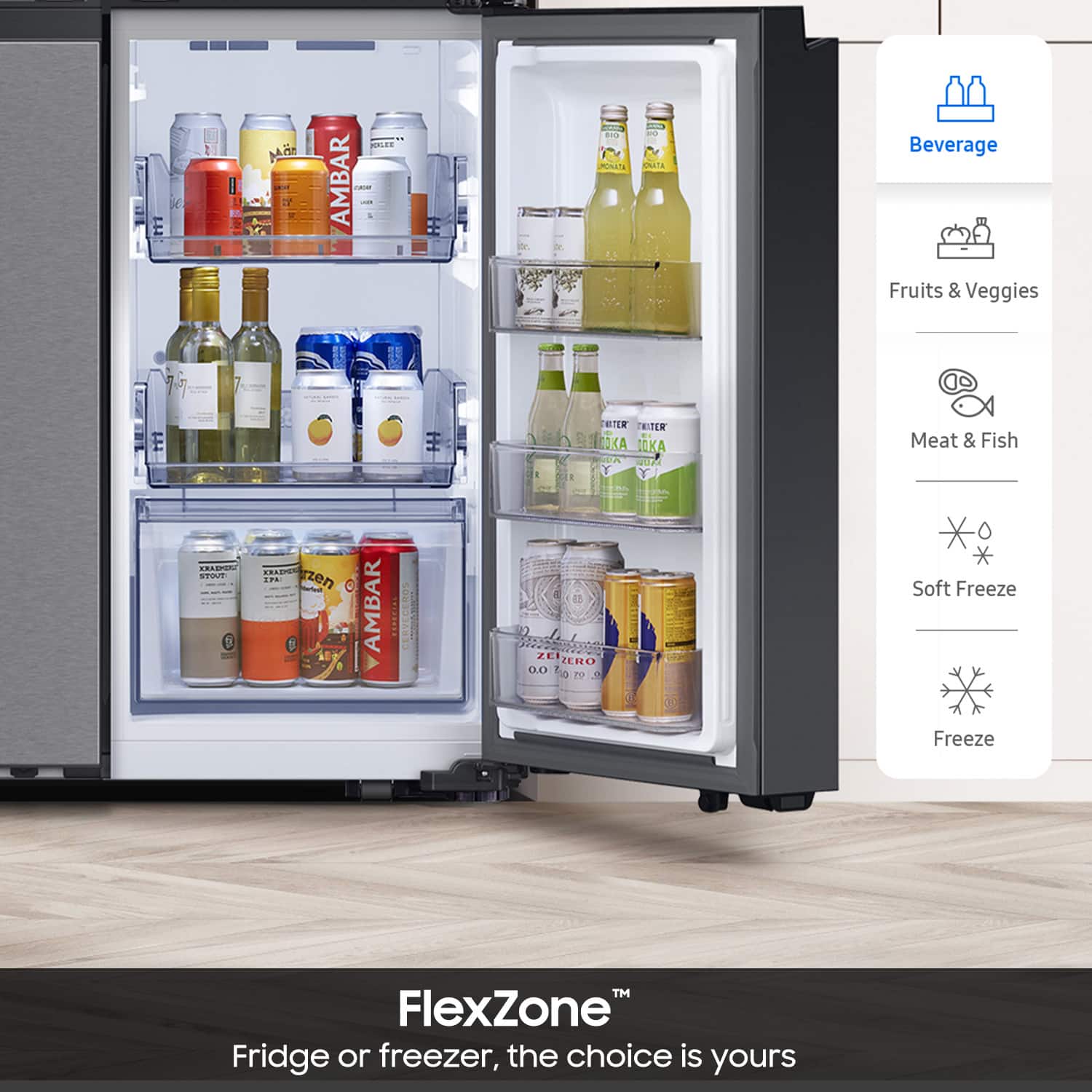FlexZone is a refrigerator or freezer that offers the choice of either a fridge or freezer. The image displays the interior of the FlexZone, which is filled with various beverages, including sodas, juices, and water. There are also fruits and vegetables stored in the refrigerator. The FlexZone is designed to provide flexibility in choosing between a fridge and freezer, depending on the user's needs.