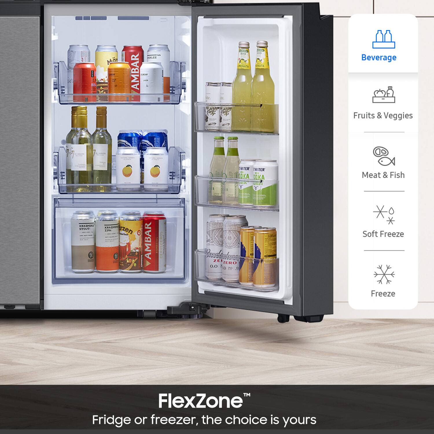FlexZone is a refrigerator or freezer that offers the choice of either a fridge or freezer. The image displays the interior of the FlexZone, which is filled with various beverages, including sodas, juices, and water. There are also fruits and vegetables stored in the refrigerator. The FlexZone is designed to provide flexibility in choosing between a fridge and freezer, depending on the user's needs.