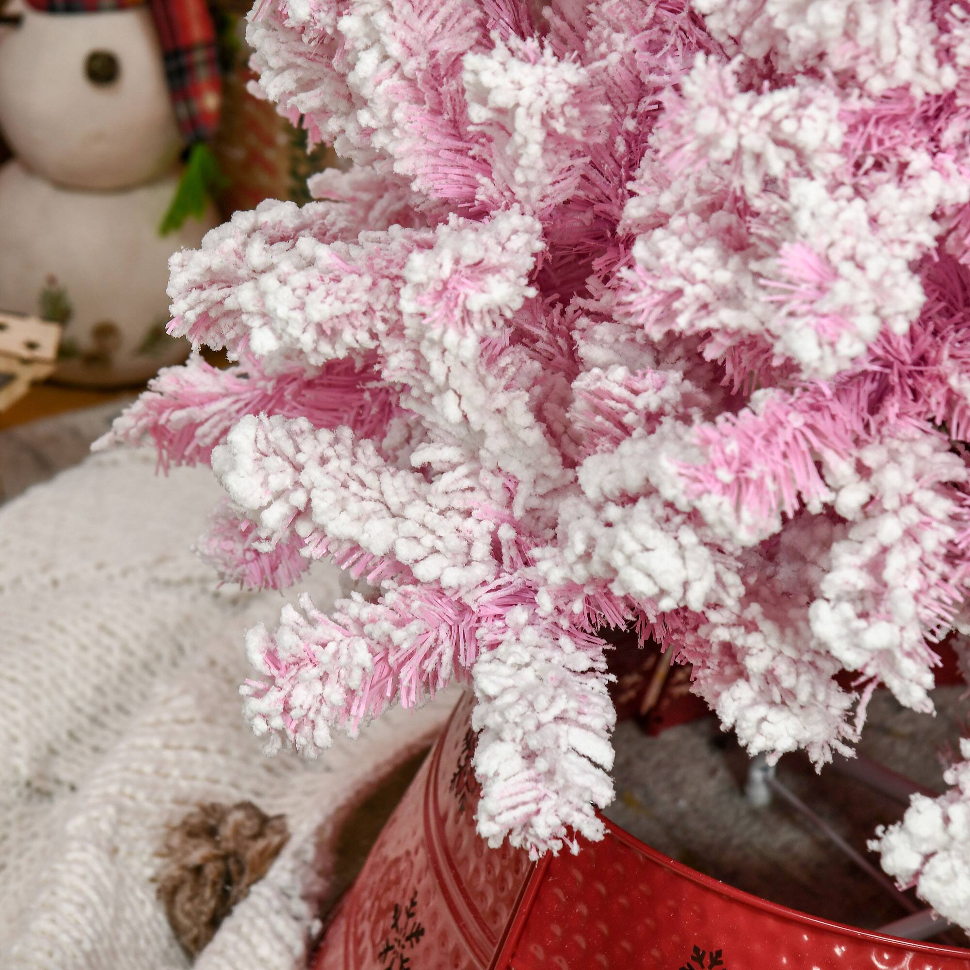 Alt View 7. Homcom - Unlit Snow Flocked Slim Pencil Christmas Tree, Pine Realistic Branches - Pink.