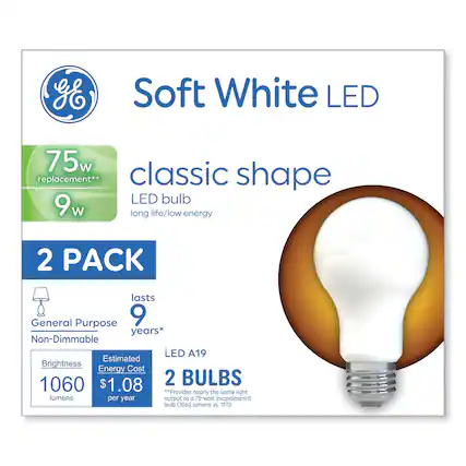 Soft White LED
Classic Shape
75w Replacement**
LED Bulb
9w
Long Life/Low Energy
2 Pack
General Purpose
Non-Dimmable
Lasts 9 Years*
Brightness: 1060 Lumens
Estimated Energy Cost: $1.08 per year
LED A19
2 Bulbs
*Provides nearly the same light output as a 75-watt incandescent bulb (1060 lumens vs. 1170 lumens)