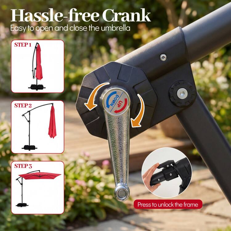 Hassle-free Crank  
Easy to open and close the umbrella  
STEP 1  
STEP 2  
STEP 3  
Press to unlock the frame