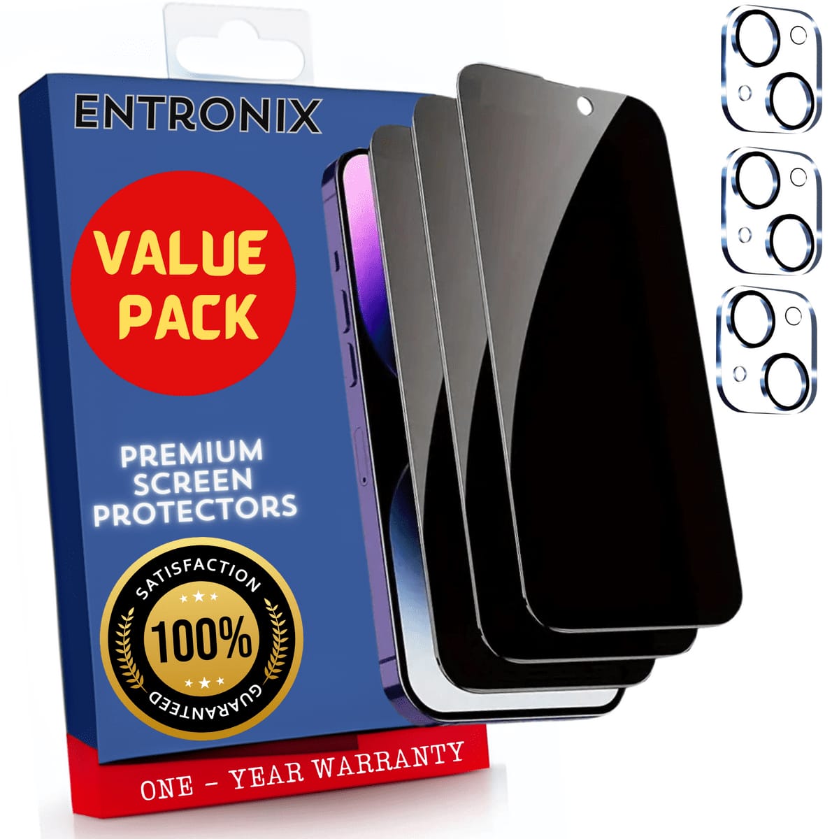 Entronix - iPhone 15 Plus Anti-Spy Privacy Screen Protector & Camera Lens Protector Combo - 6 Pieces - Transparent