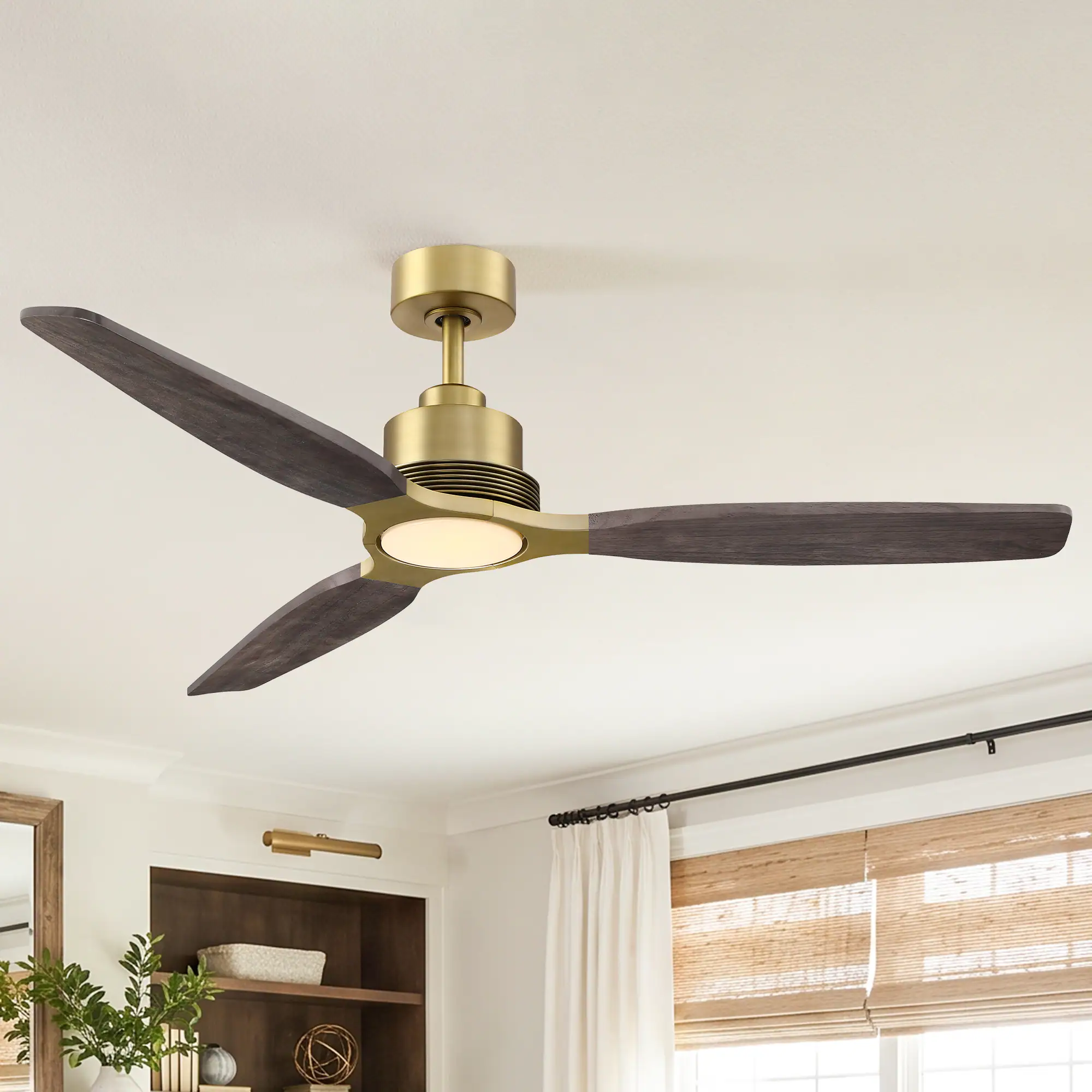 Front. Parrot Uncle - 48" Mid Century Modern Solid Wood Lightweight Ceiling Fan with Dimmable LED Light and Remote, 6-Speed DC Motor - Gold.