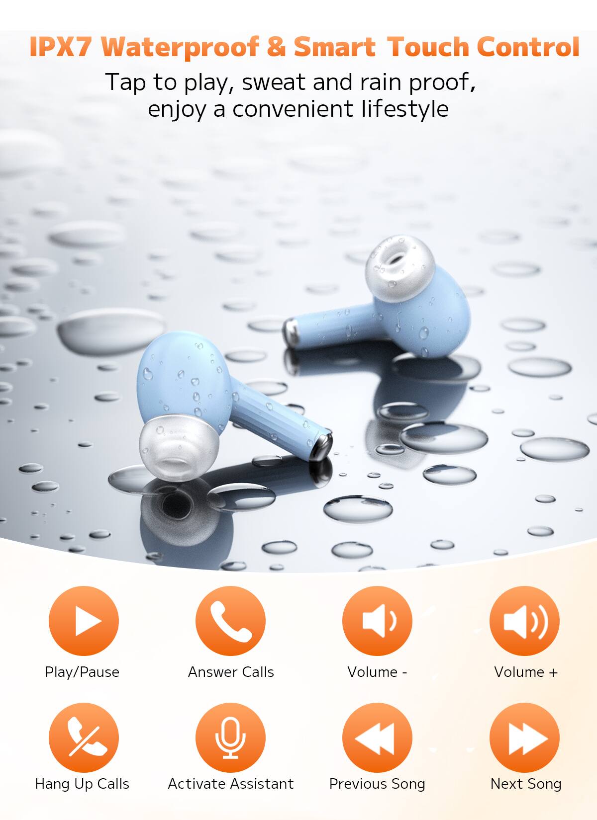 IPX7 Waterproof & Smart Touch Control  
Tap to play, sweat and rain proof, enjoy a convenient lifestyle  

- Play/Pause  
- Answer Calls  
- Volume -  
- Volume +  
- Hang Up Calls  
- Activate Assistant  
- Previous Song  
- Next Song