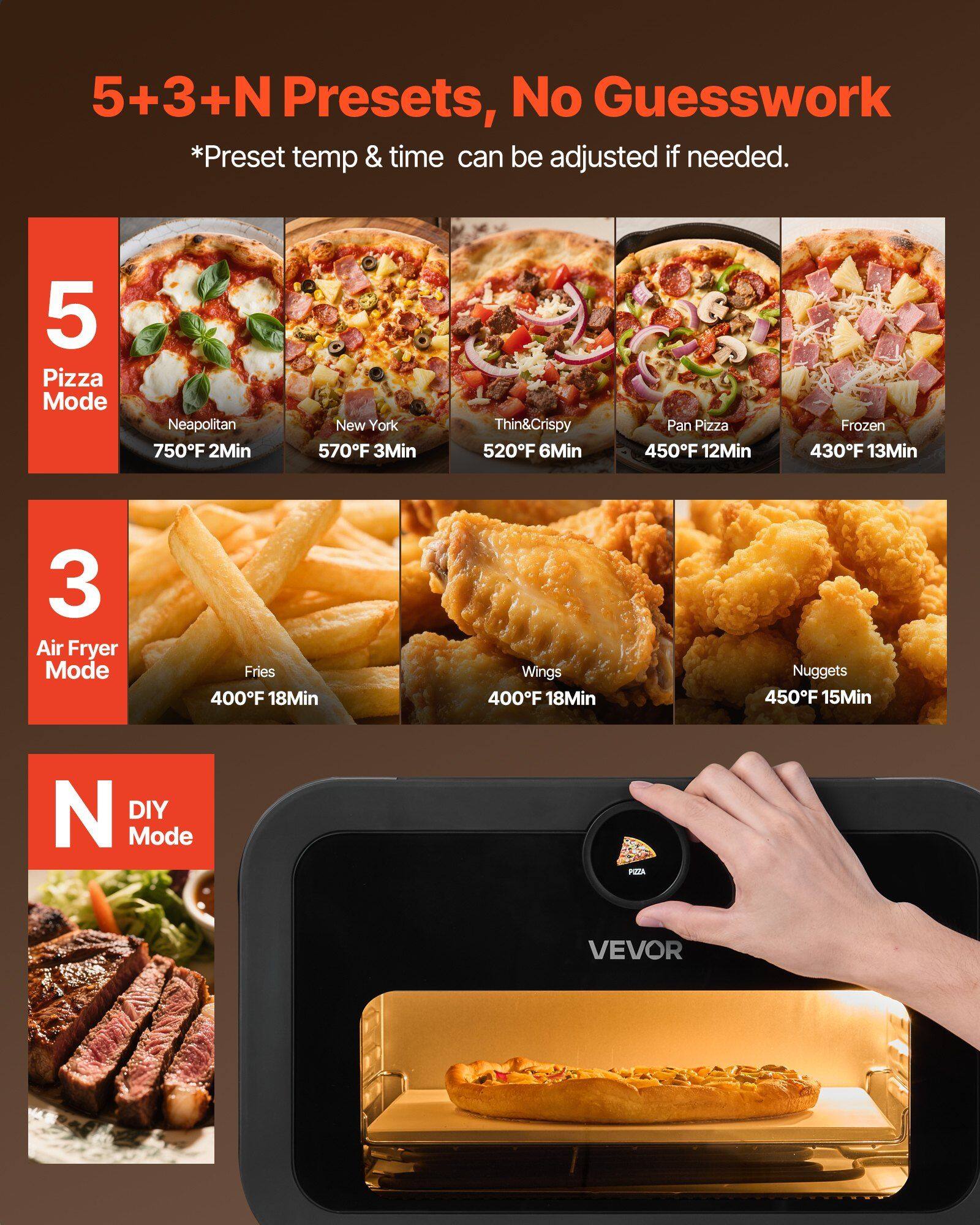 5+3+N Presets, No Guesswork  
*Preset temp & time can be adjusted if needed.

5 Pizza Mode  
- Neapolitan: 750°F 2Min  
- New York: 570°F 3Min  
- Thin & Crispy: 520°F 6Min  
- Pan Pizza: 450°F 12Min  
- Frozen: 430°F 13Min  

3 Air Fryer Mode  
- Fries: 400°F 18Min  
- Wings: 400°F 18Min  
- Nuggets: 450°F 15Min  

N DIY Mode