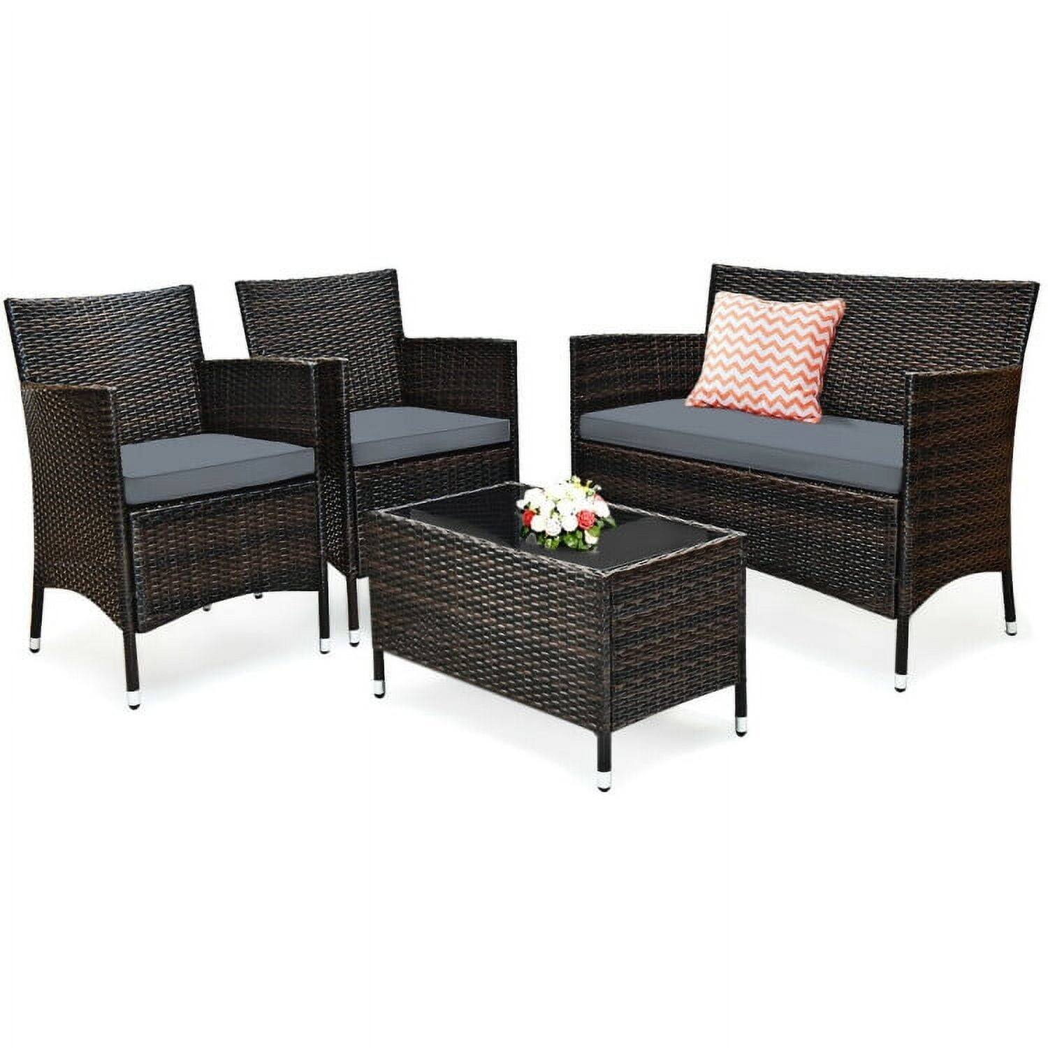 Front. Pefilos - 4 Pieces Padded Outdoor Rattan Sofa Set, Wicker Furniture Sets, Patio Conversation Sets with Washable Cushions - Gray.