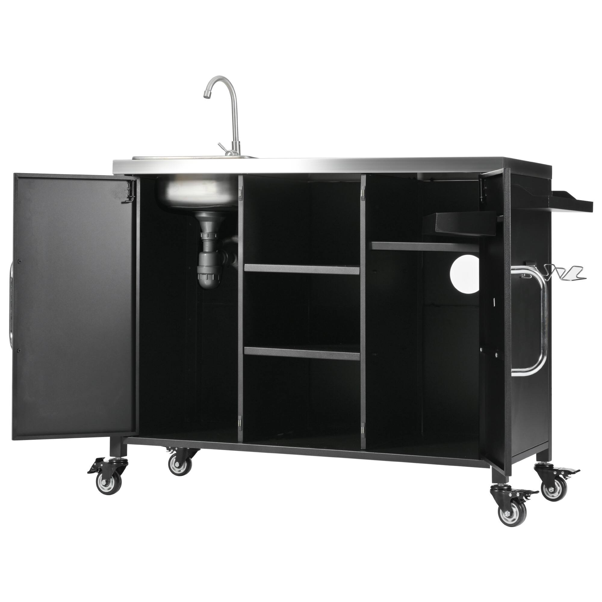Angle. PexFix - 55.5" Outdoor Kitchen Island with 304 Sink & Stainless Top, Metal Grill Cart with Storage, Wheels for Pizza Prep & BBQ - Black.