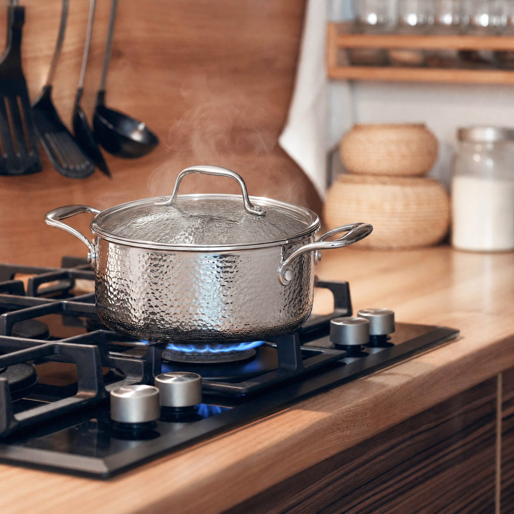 Front. Malletson - 3Qt Stainless Steel Stock Pot with Glass Lid – Hammered 304 Steel, Gas & Electric Compatible, Dishwasher Safe - Sliver.