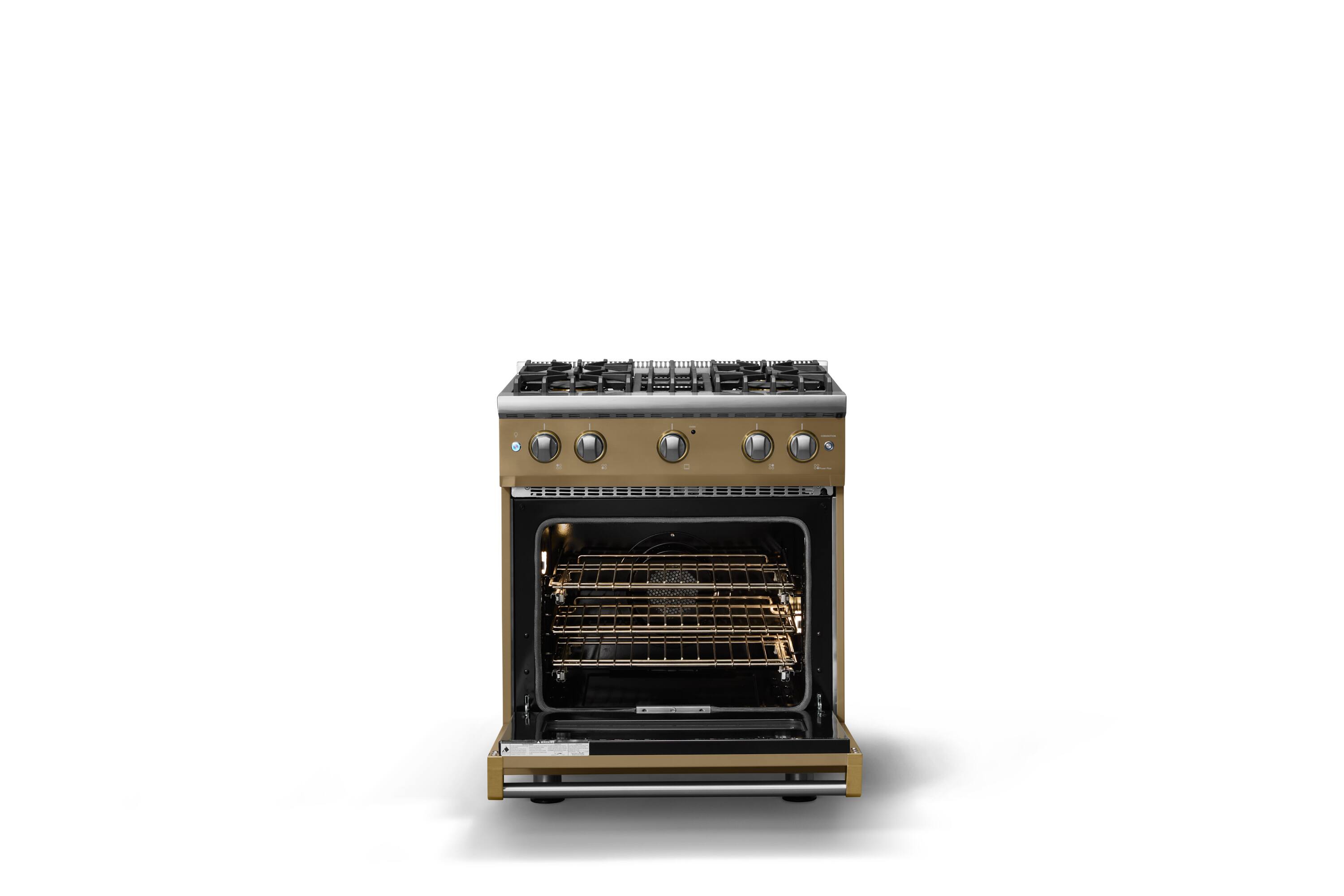 Alt View 2. Viking - 30 in. Wide Pro 5 Series 4.0 Cu. Ft. Freestanding Sealed 4 Burner Gas Convection Range - Golden Hour/Brushed Brass - Golden Hour.