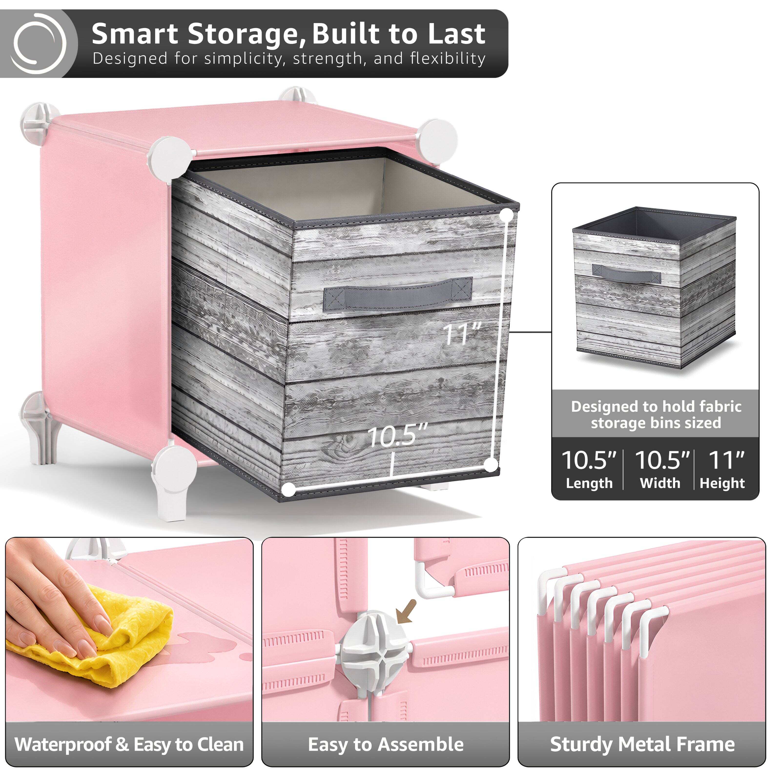 Smart Storage, Built to Last  
Designed for simplicity, strength, and flexibility  

11" 10.5"  
Designed to hold fabric storage bins sized 10.5" 10.5" 11"  
Length Width Height  

Waterproof & Easy to Clean  
Easy to Assemble  
Sturdy Metal Frame