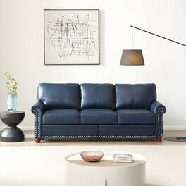 Ropilly - Navy Blue Faux Leather Sofa with Round Arms and Silver Nailhead Trim, 3 Seat Living Room Sofa - Navy Blue