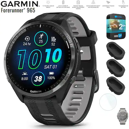 GARMIN
Forerunner 965
1.4" COLORFUL AMOLED DISPLAY
UP TO 10 HR BATTERY LIFE IN GPS MODE
PREMIUM TRAINING METRICS AND RECOVERY INSIGHTS
BUILT-IN MAPS WITH SATIQ AND MULTI-BAND GPS
LIGHTWEIGHT TITANIUM BEZEL
TOUCHSCREEN AND BUTTONS
25
52
70 10
SAT 01
8:00
38
100%
GARMIN
CPS
2 YR
EXTENDED PROTECTION