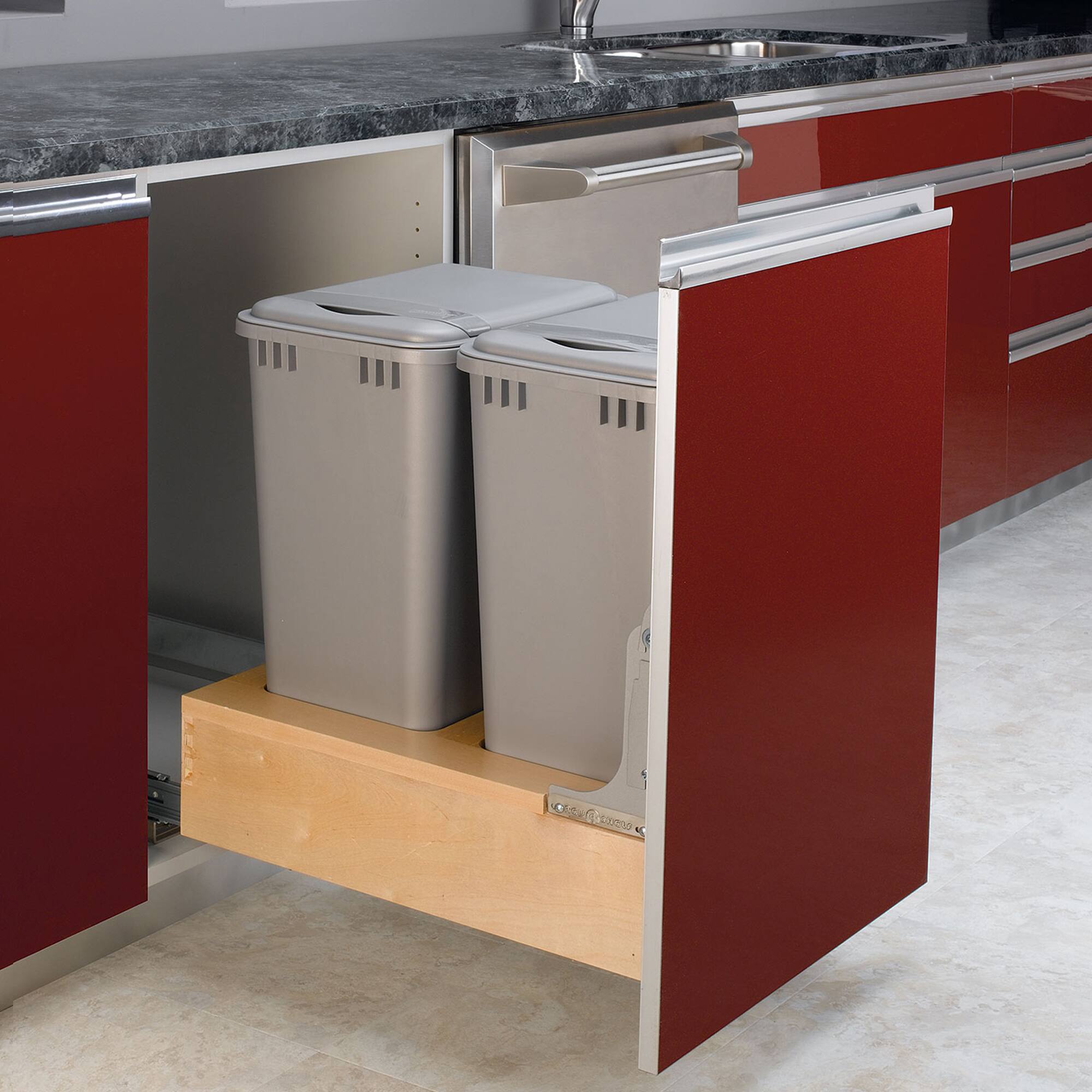 Alt View 5. Rev-A-Shelf - Rev-A-Shelf Double Pullout Bottom Mount Trash Cans 50 qt., Gray, 4WCBM-2150DM-2 - Natural Maple.