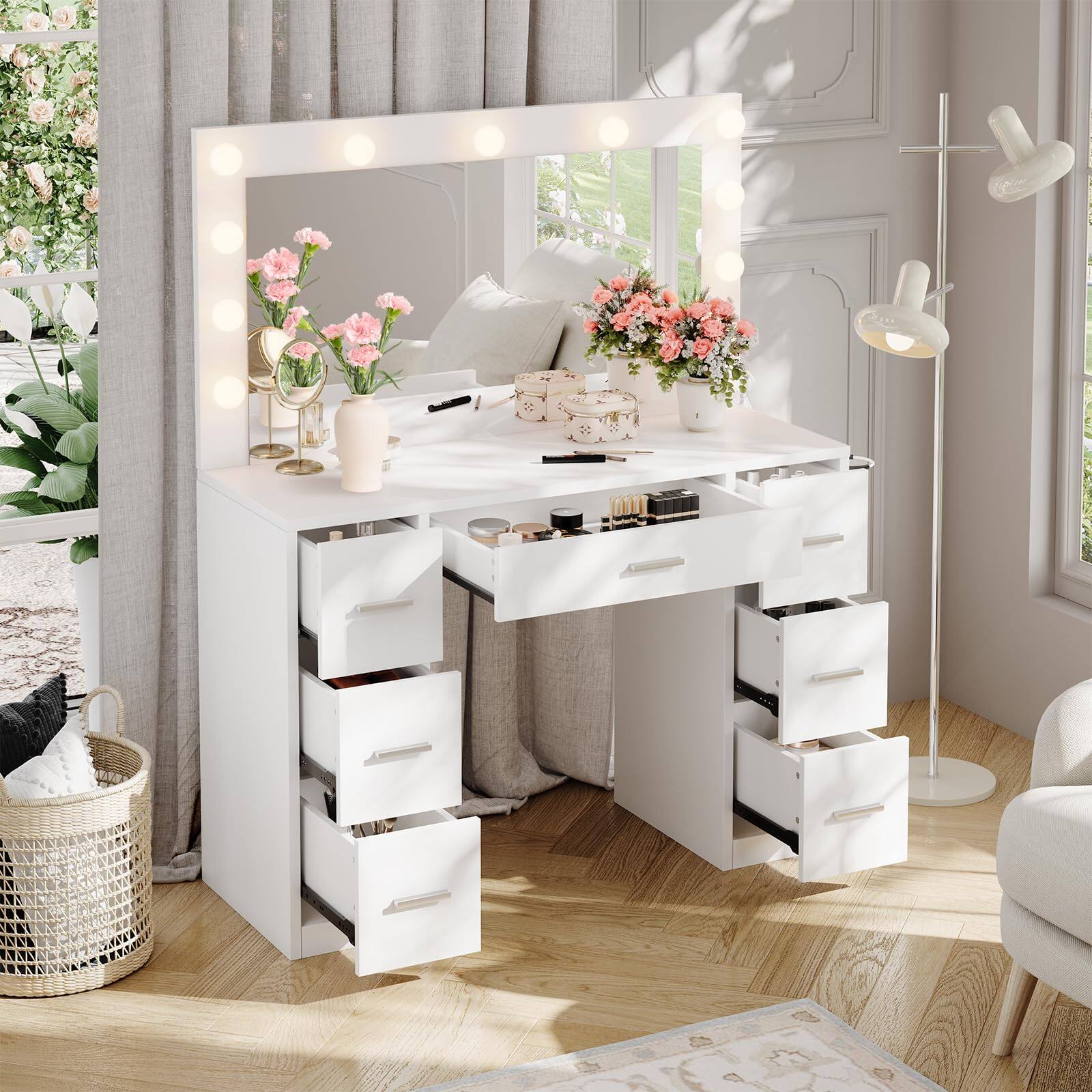 Front. Babevy - Vanity Desk with Lighted Mirror, 7 Drawers, Power Strip & 3-Mode LED Lights - White.