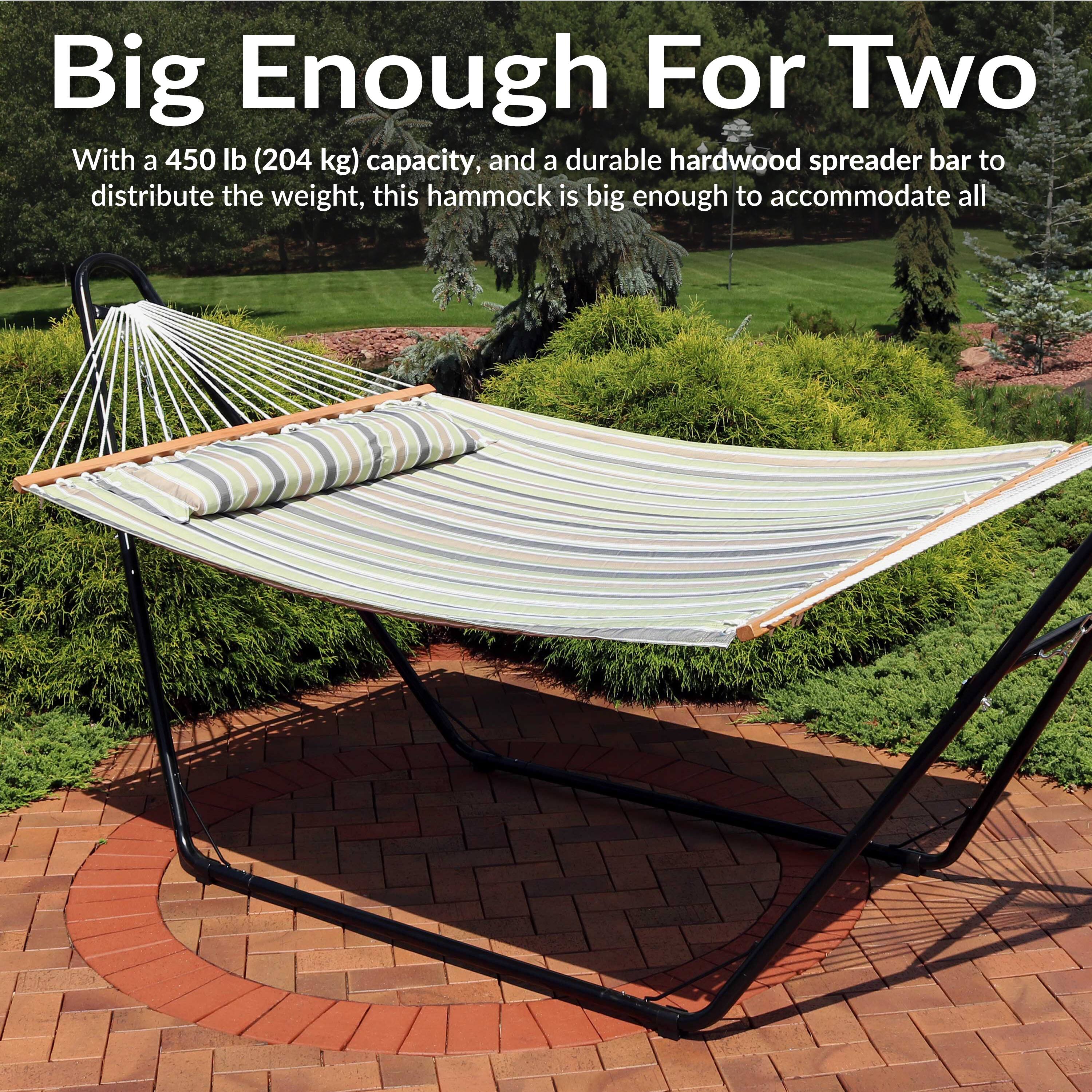 Big Enough For Two

With a 450 lb (204 kg) capacity, and a durable hardwood spreader bar to distribute the weight, this hammock is big enough to accommodate all.