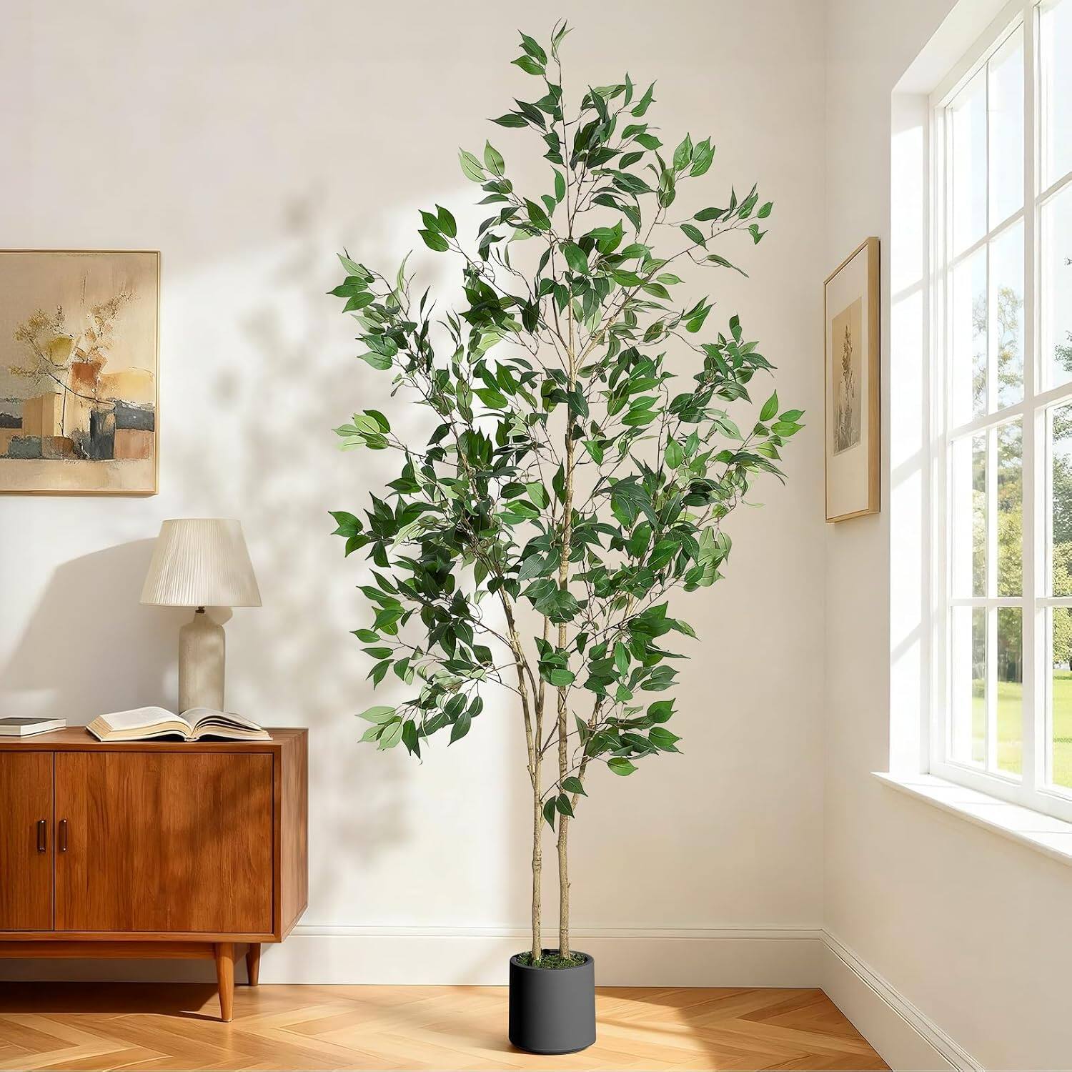 Front. Homhougo - Ficus Artificial Tree 7FT Tall Faux Ficus Tree with Black Planter, Tall Artificial Floor Plant for Living Room - Green.