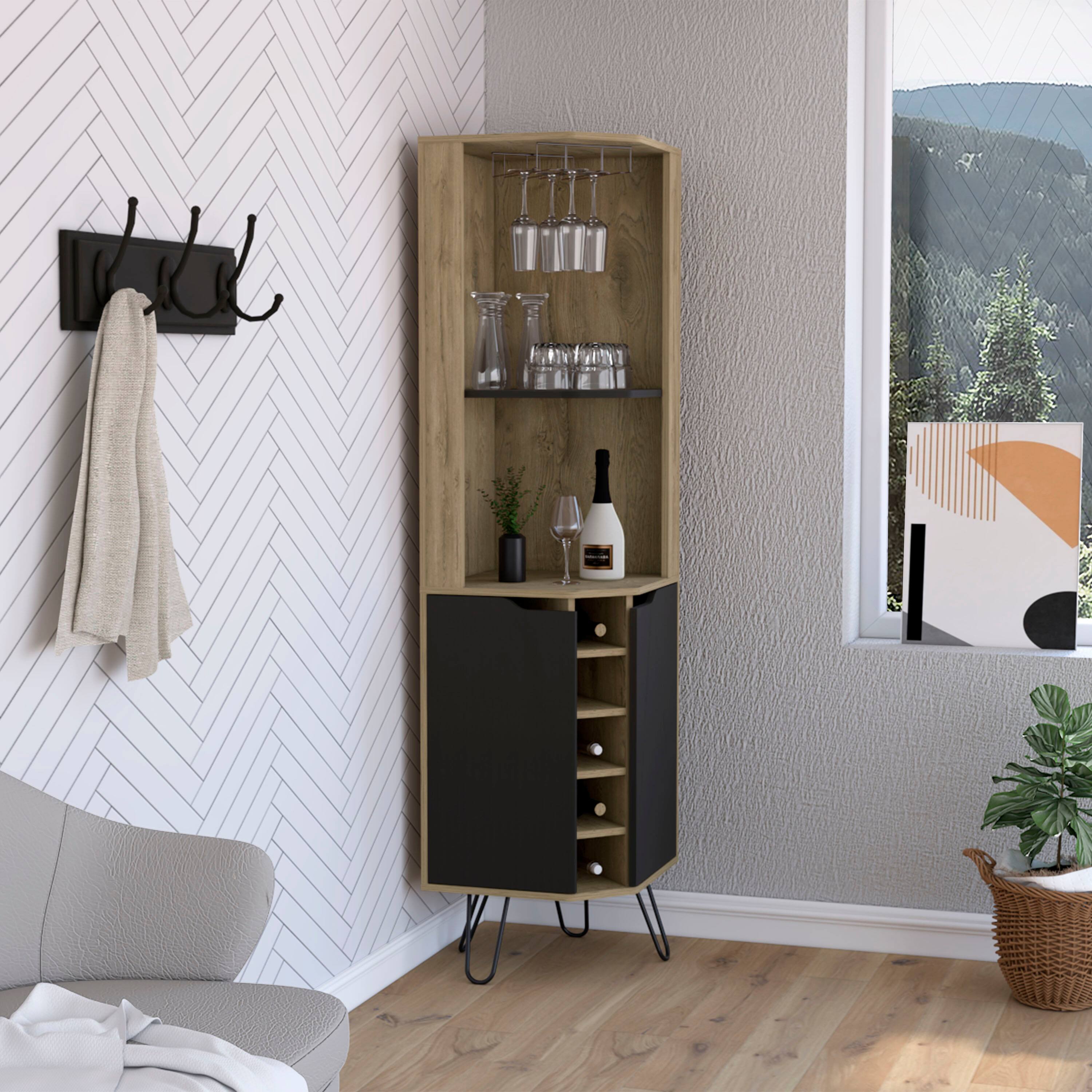 Angle. TuHome - Audra Corner Bar Cabinet with Six Built-In Wine Rack, Two Shelves, Four Shelves with Door, Perfect for Bar Room - Macadamia / Black.
