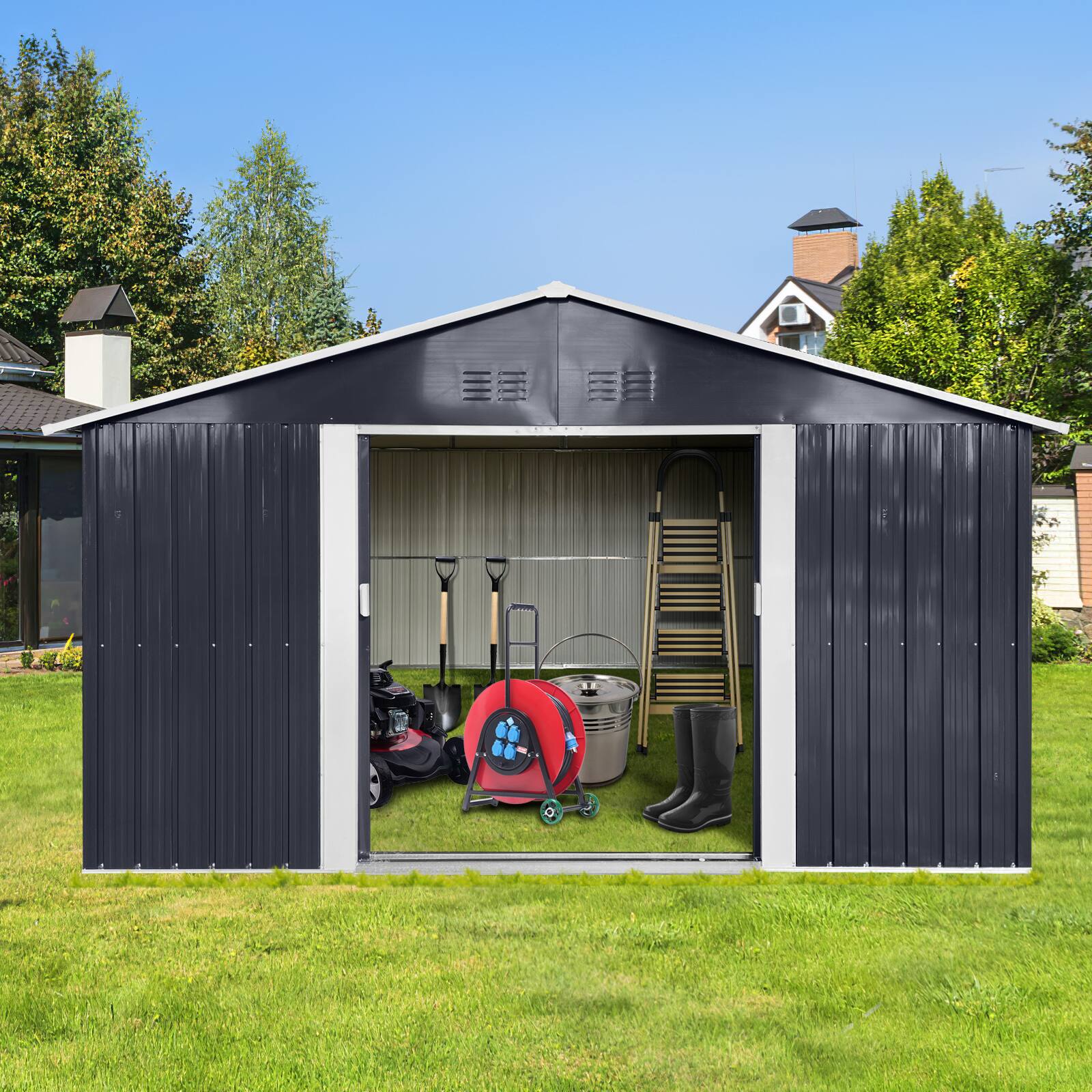 Left. Mondawe - 11x11 Ft Metal Garden Sheds with Window - Grey.