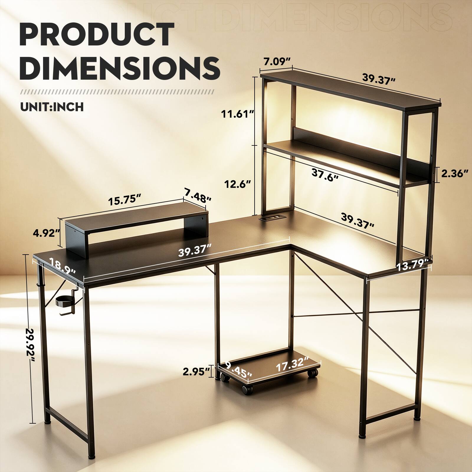 PRODUCT DIMENSIONS  
UNIT: INCH  

- 7.09"  
- 39.37"  
- 11.61"  
- 4.92"  
- 18.9"  
- 29.92"  
- 15.75"  
- 37.6"  
- 2.36"  
- 12.6"  
- 7.48"  
- 39.37"  
- 39.37"  
- 13.79"  
- 2.95"  
- 9.45"  
- 17.32"