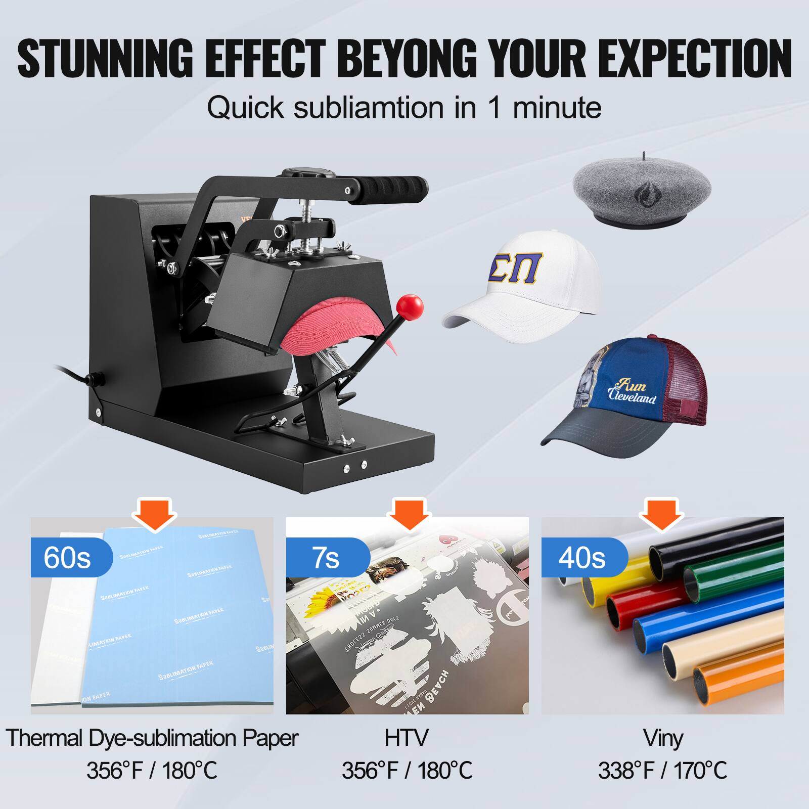 STUNNING EFFECT BEYOND YOUR EXPECTATION
Quick sublimation in 1 minute

Run Ceveland - 60s
DIRAACTON 7s
SNSDEA S 00D SIEMTIN -A ( AAATRETANI FESICKT Sit SABLMATONSATIE 2IN PAPIS BEACH EM
Thermal Dye-sublimation Paper 356F / 180C
HTV 356F / 180C
Viny 338F / 170C