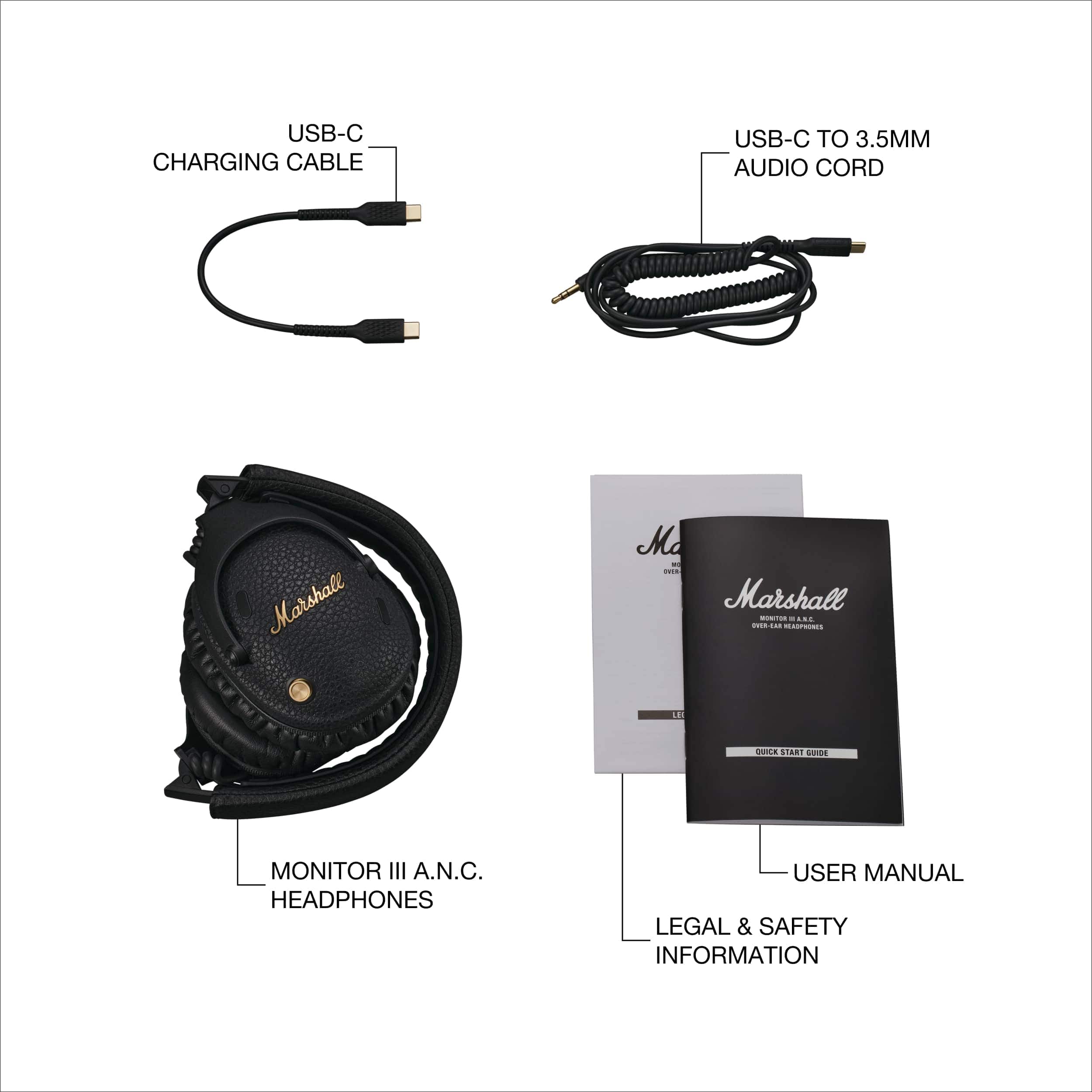Marshall Monitor III A.N.C. Headphones User Manual Legal & Safety Information USB-C Charging Cable USB-C to 3.5mm Audio Cord Marshall Ma - -. Marshall - ... .... -. RASPRORES LIS ioTA STARE Samint MONITOR III A.N.C. HEADPHONES