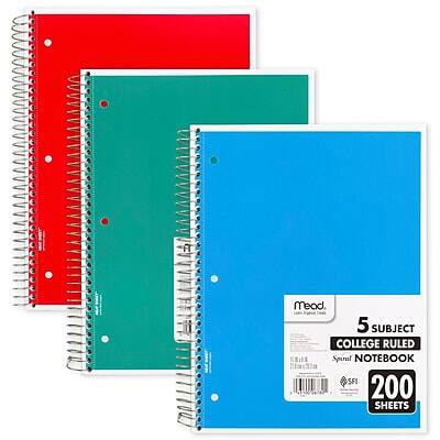 Mead  
5 Subject College Ruled Spiral Notebook  
200 Sheets